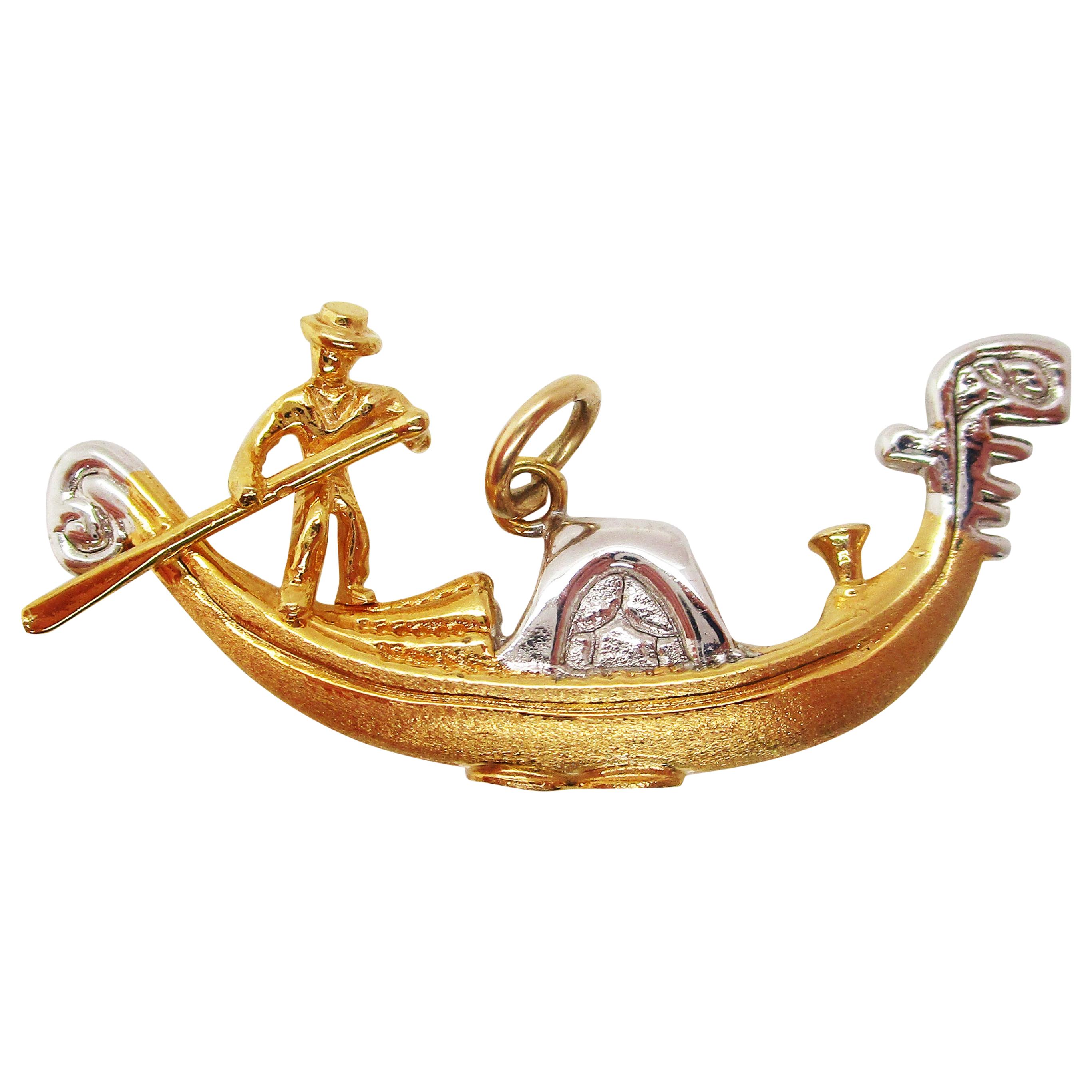 Pendentif breloque gondole italienne de Venise en or jaune et blanc 18 carats
