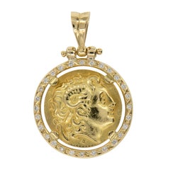 Vintage 18 Karat Yellow Gold 0.42 Cttw Diamond Alexander the Great Coin Pendant