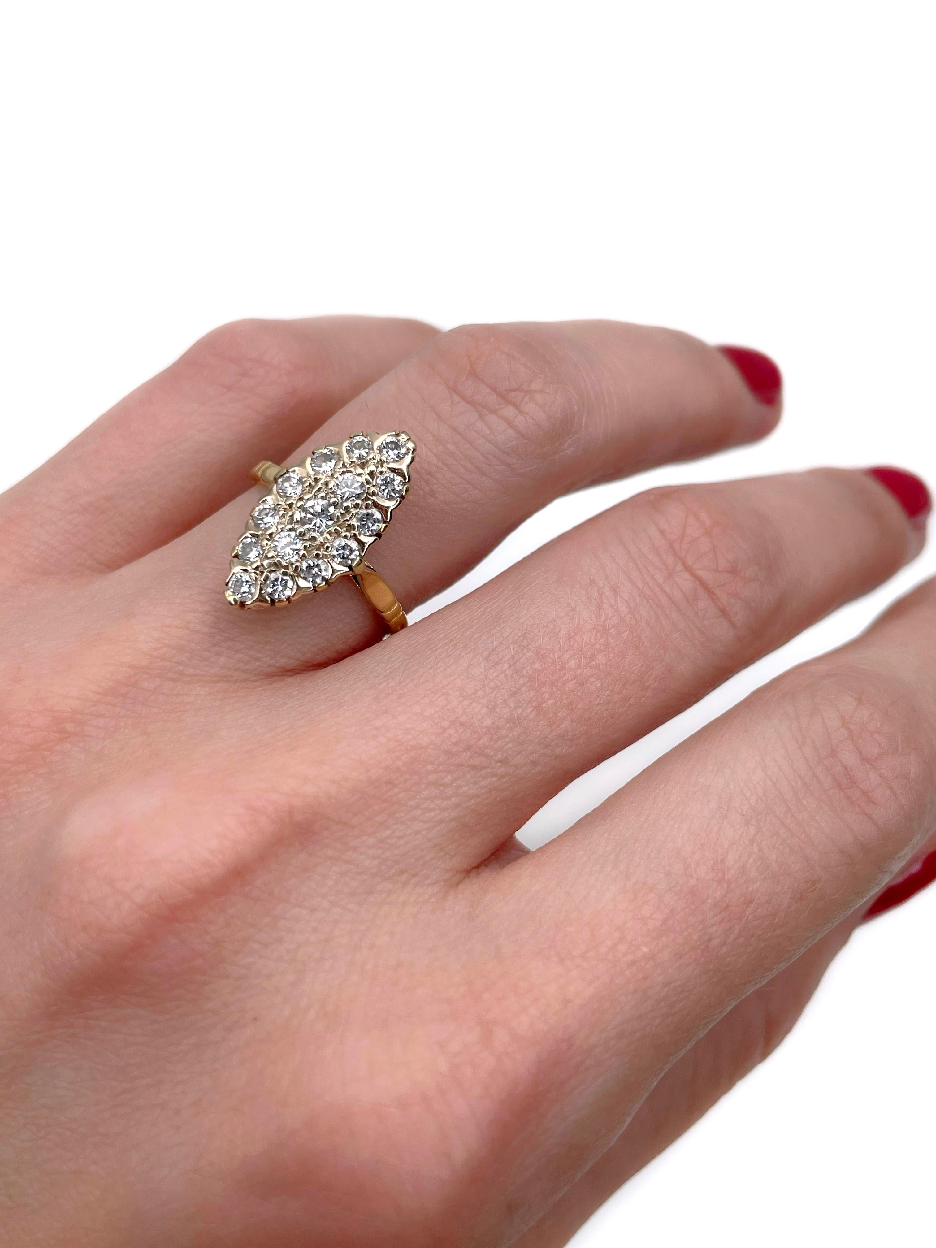 This is a vintage navette ring crafted in 18K yellow gold. Circa 1970. 

It features 15 diamonds: round brilliant cut, TW 0.50ct, RW+/RW, VS-SI. 

Weight: 3.21g
Size: 15.25 (US 4.5)

IMPORTANT: please ask about the possibility to resize before