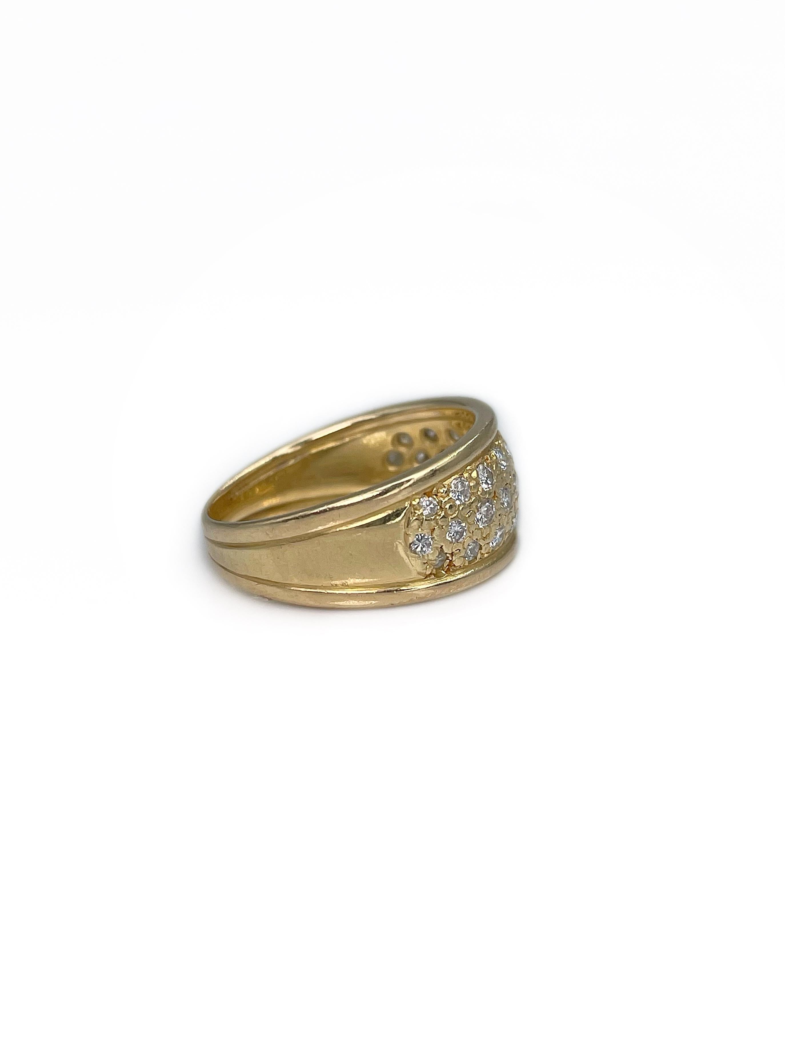 Taille brillant Bague à large anneau vintage en or jaune 18 carats avec diamants de 0,77 carat en vente