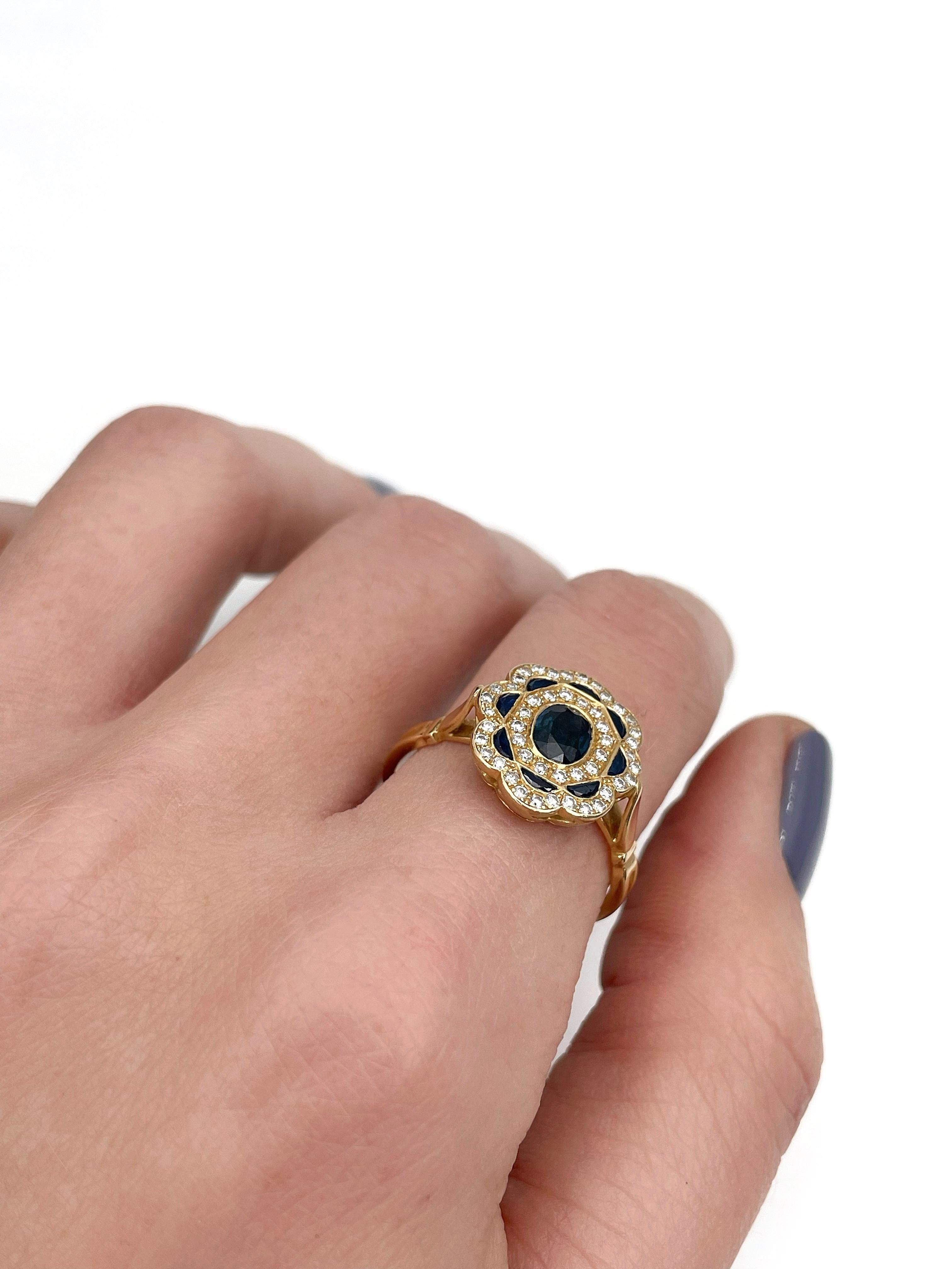Vintage 18 Karat Yellow Gold 0.87 Carat Sapphire 0.24 Carat Diamond Cluster Ring In Good Condition In Vilnius, LT