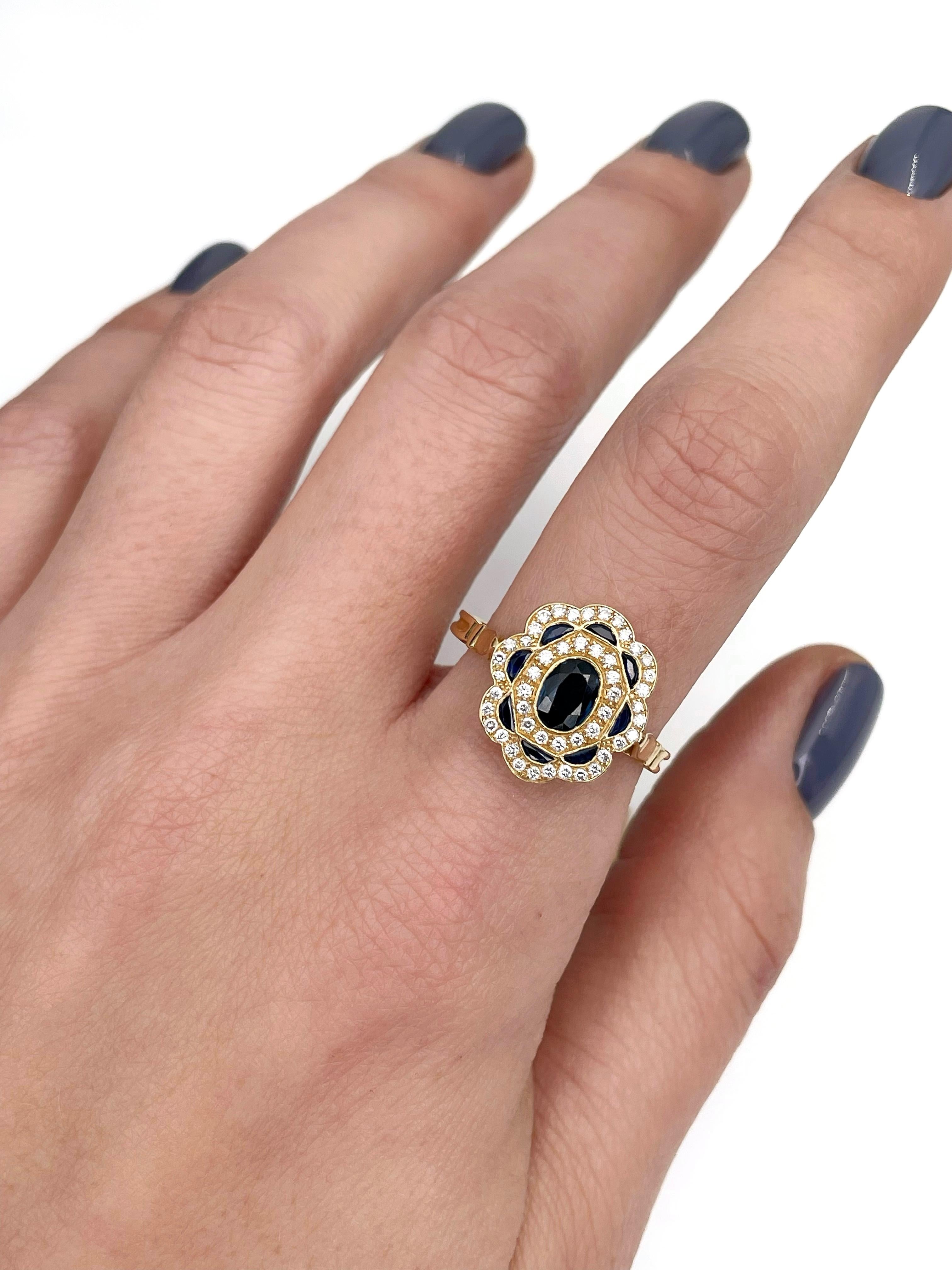 Women's Vintage 18 Karat Yellow Gold 0.87 Carat Sapphire 0.24 Carat Diamond Cluster Ring