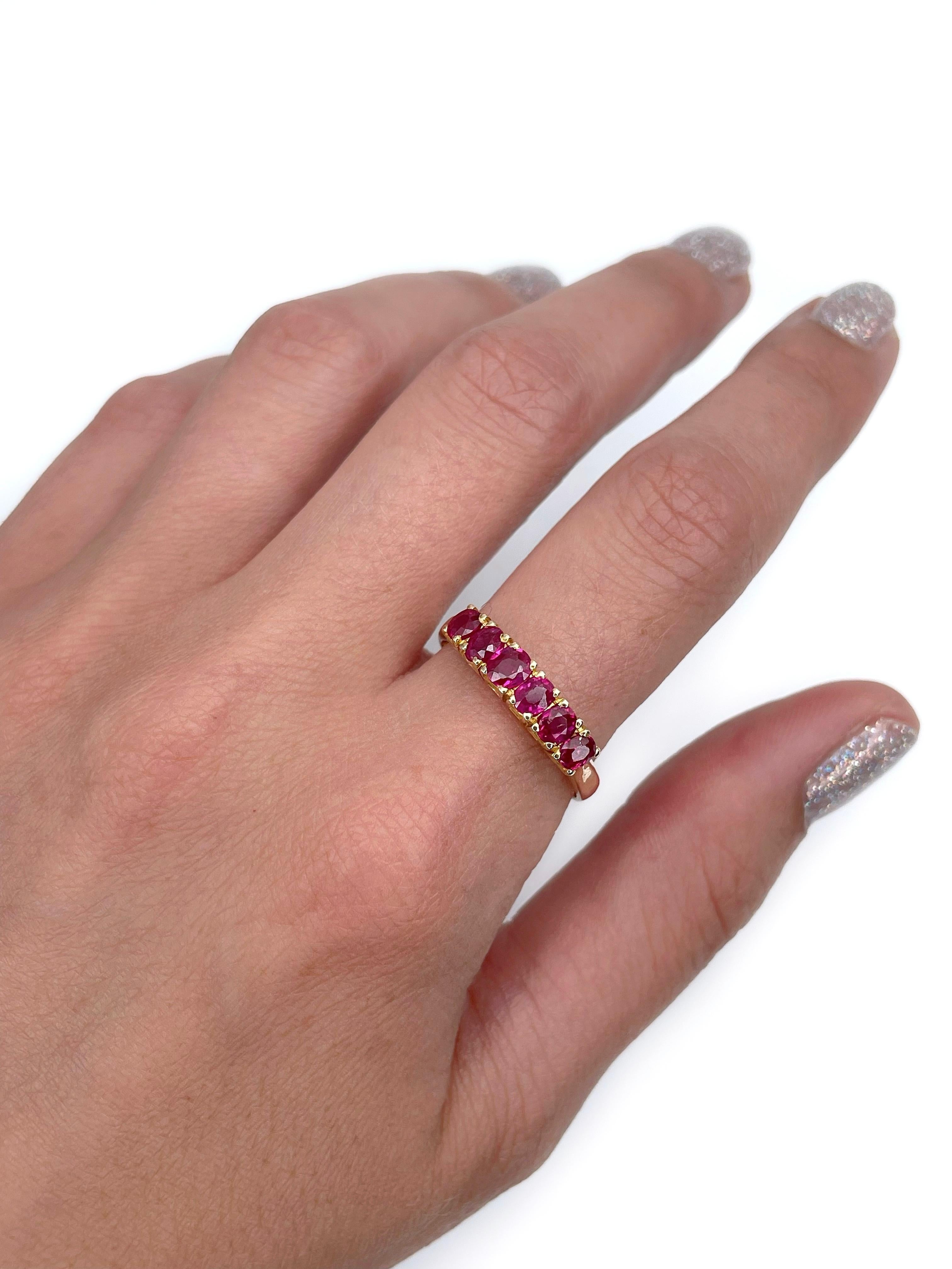 This is a lovely vintage band ring crafted in 18K yellow gold. The piece features 6 oval cut rubies: TW 1.00ct, slpR 6/5, SI. 

Weight: 3.50g
Size: 20.5 (US 10.75)

IMPORTANT: please ask about the possibility to resize before purchase. This process