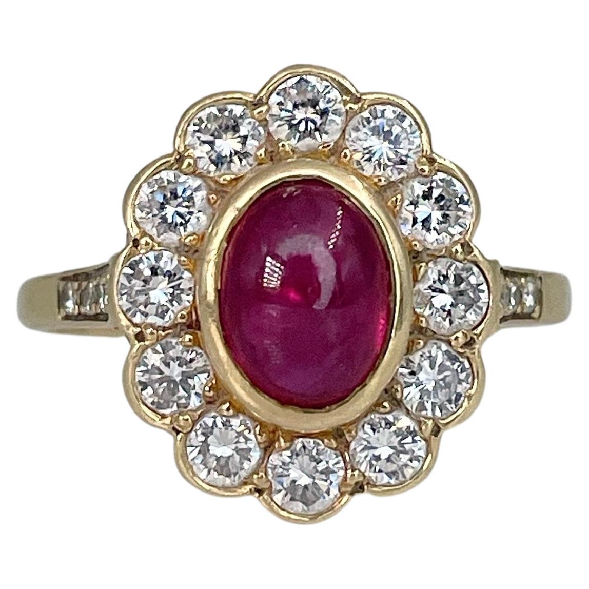 Vintage 18 Karat Yellow Gold 1.90 Carat Ruby 1.00 Carat Diamond Cluster Ring For Sale