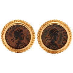 Vintage 18 Karat Yellow Gold and Bronze Roman Coin Clip-On Earrings