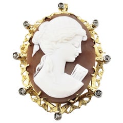 Vintage 18 Karat Yellow Gold and Diamond Cameo Brooch or Pendant