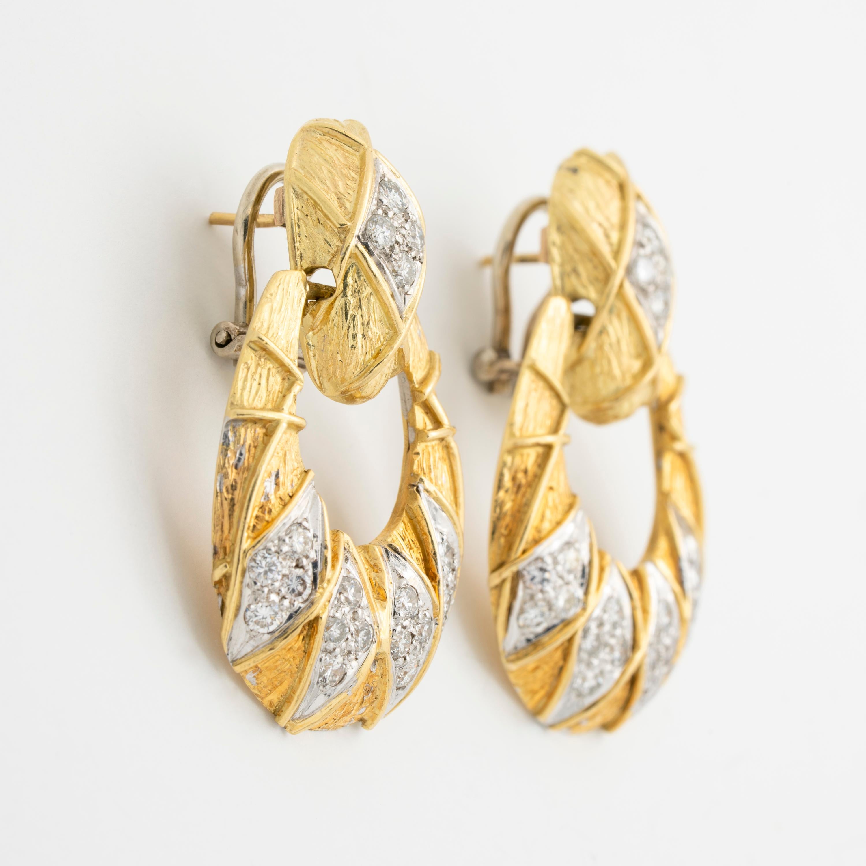 Round Cut Vintage 18 Karat Yellow Gold and Diamond Door Knocker Earrings For Sale
