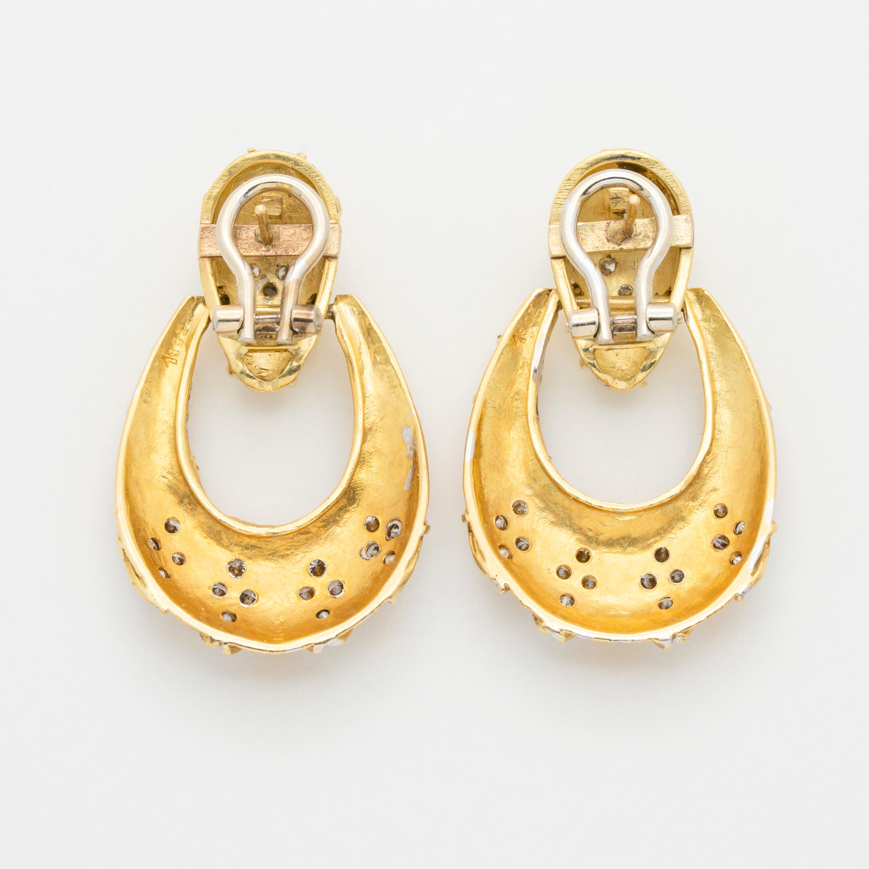 Vintage 18 Karat Yellow Gold and Diamond Door Knocker Earrings In Excellent Condition For Sale In New York, NY