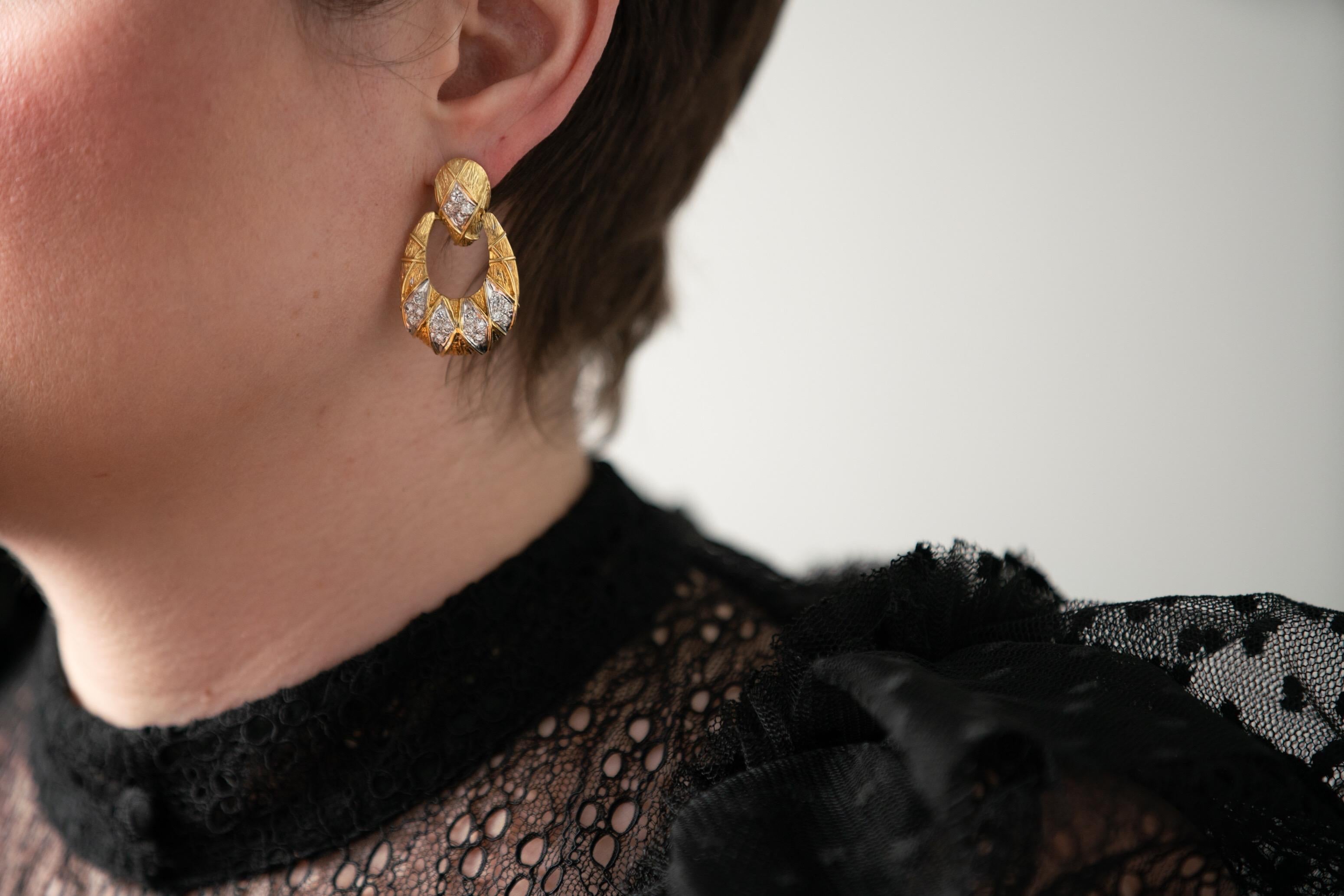 Women's Vintage 18 Karat Yellow Gold and Diamond Door Knocker Earrings For Sale