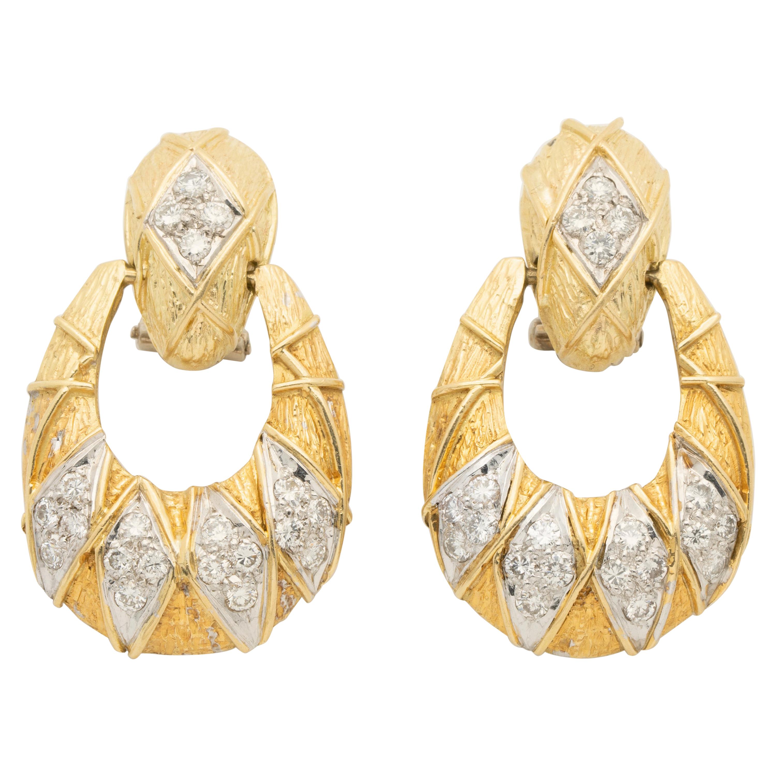 Vintage 18 Karat Yellow Gold and Diamond Door Knocker Earrings For Sale