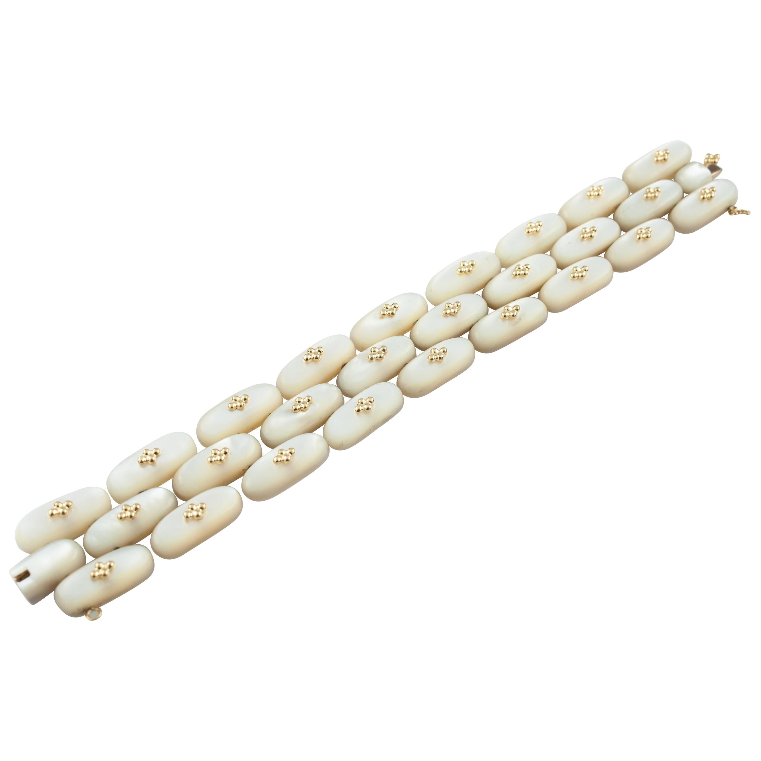 Vintage 18 Karat Yellow Gold and Mother of Pearl Link Bracelet Signed Angela For Sale