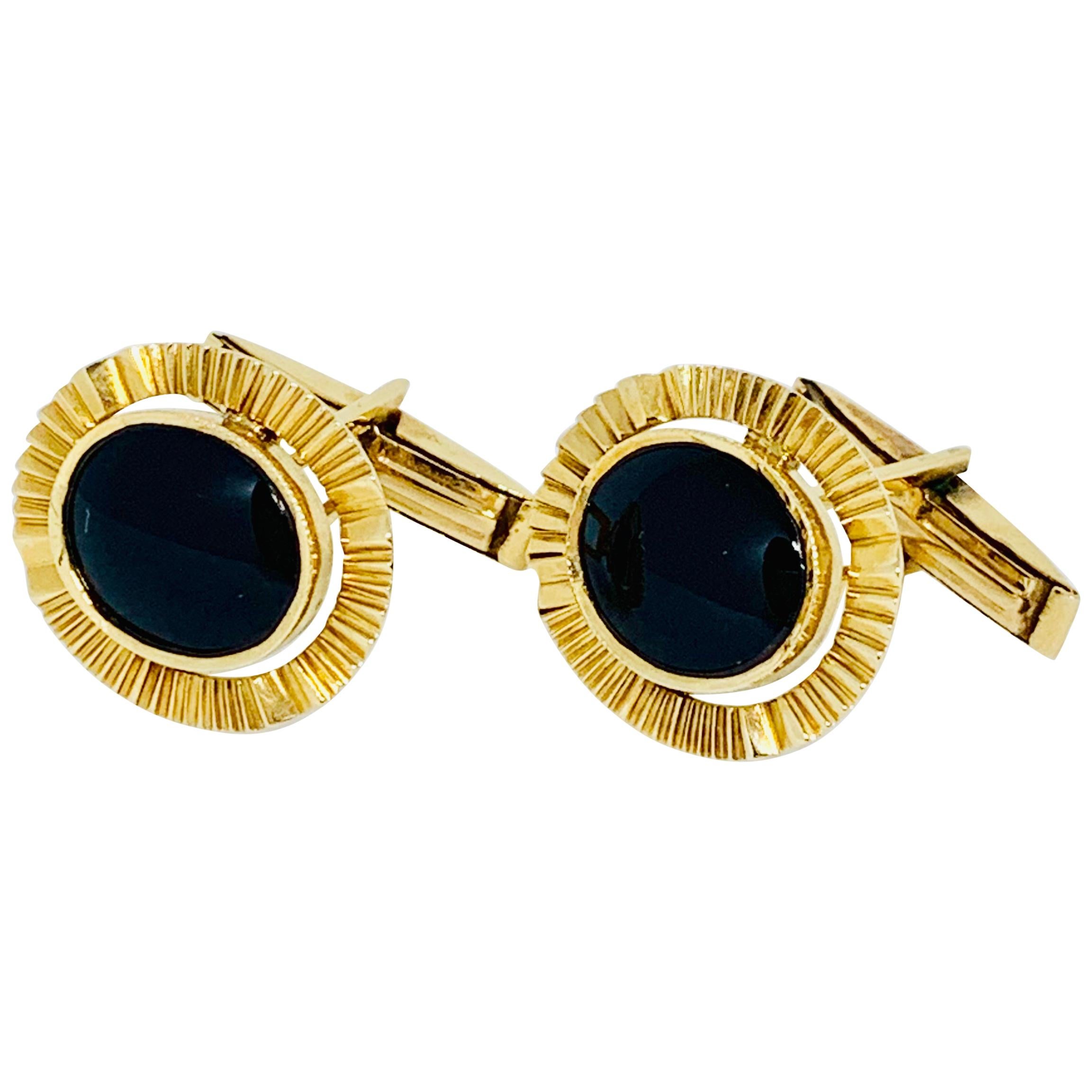 Vintage 18 Karat Yellow Gold and Onyx Oval Cufflinks