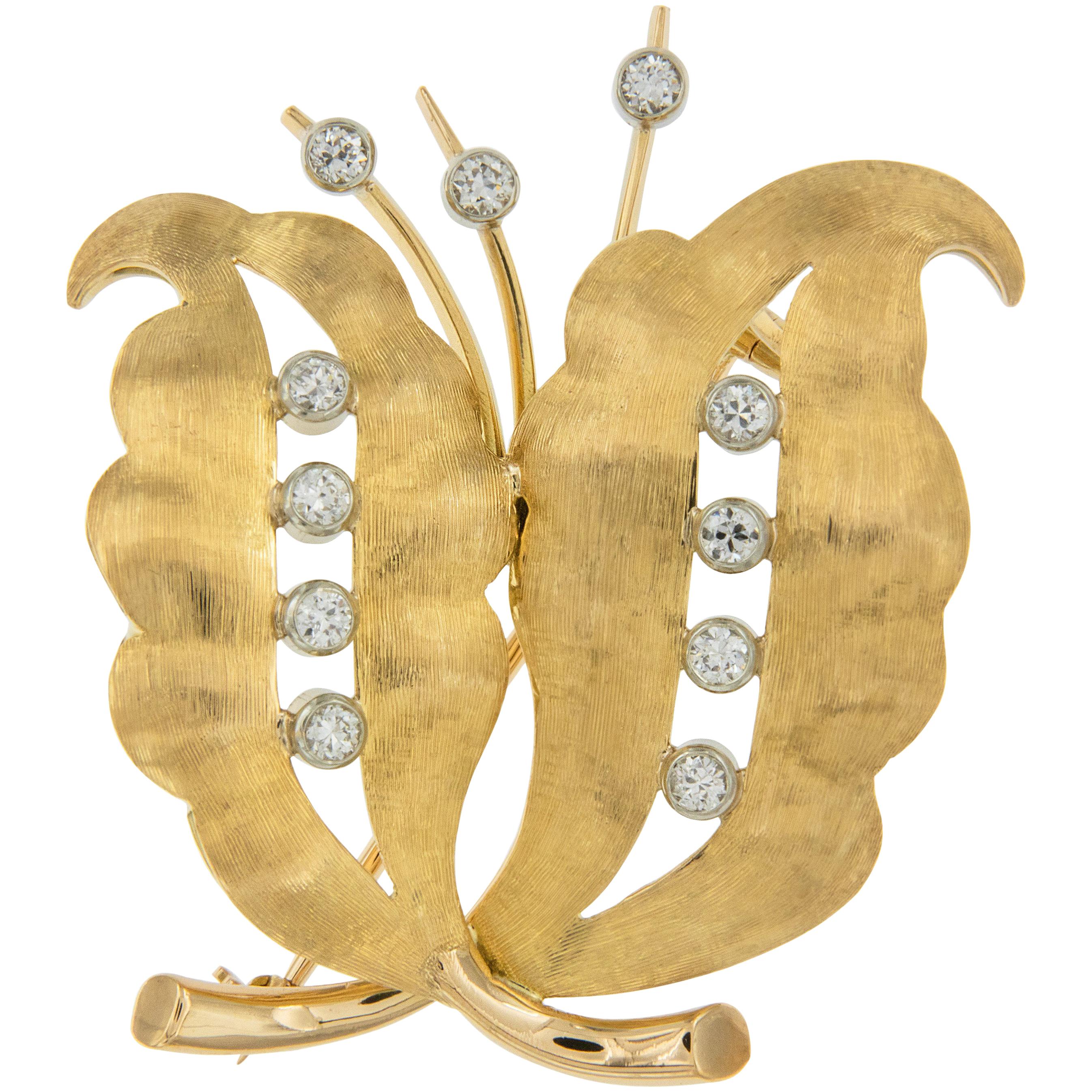 Broche feuille de chêne vintage en or jaune 18 carats et platine avec diamants