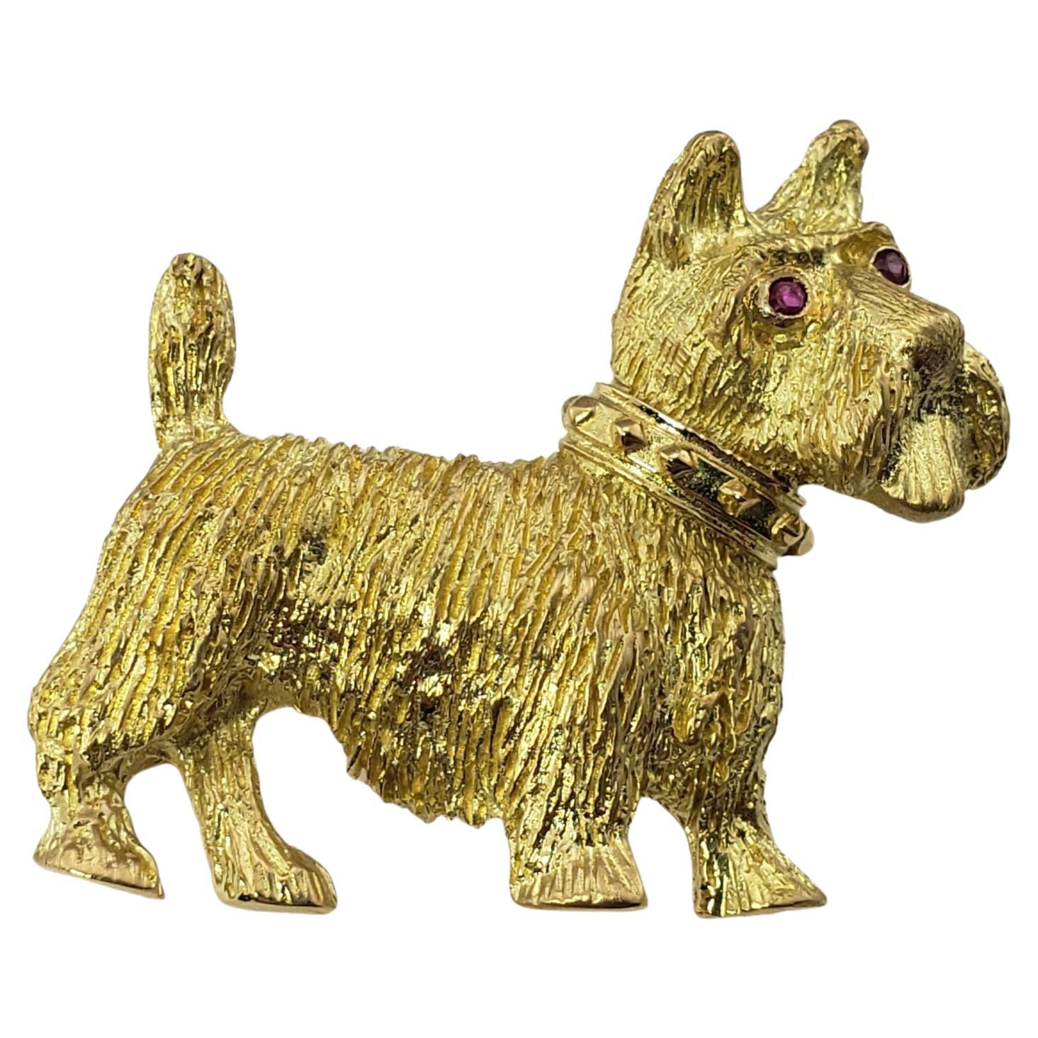 18 Karat Yellow Gold and Ruby Scottish Terrier Brooch/Pin