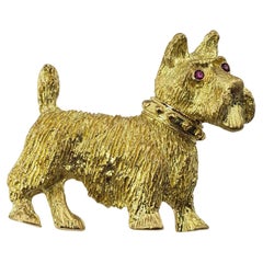 18 Karat Gelbgold und Rubin Scottish Terrier Brosche/Anstecknadel