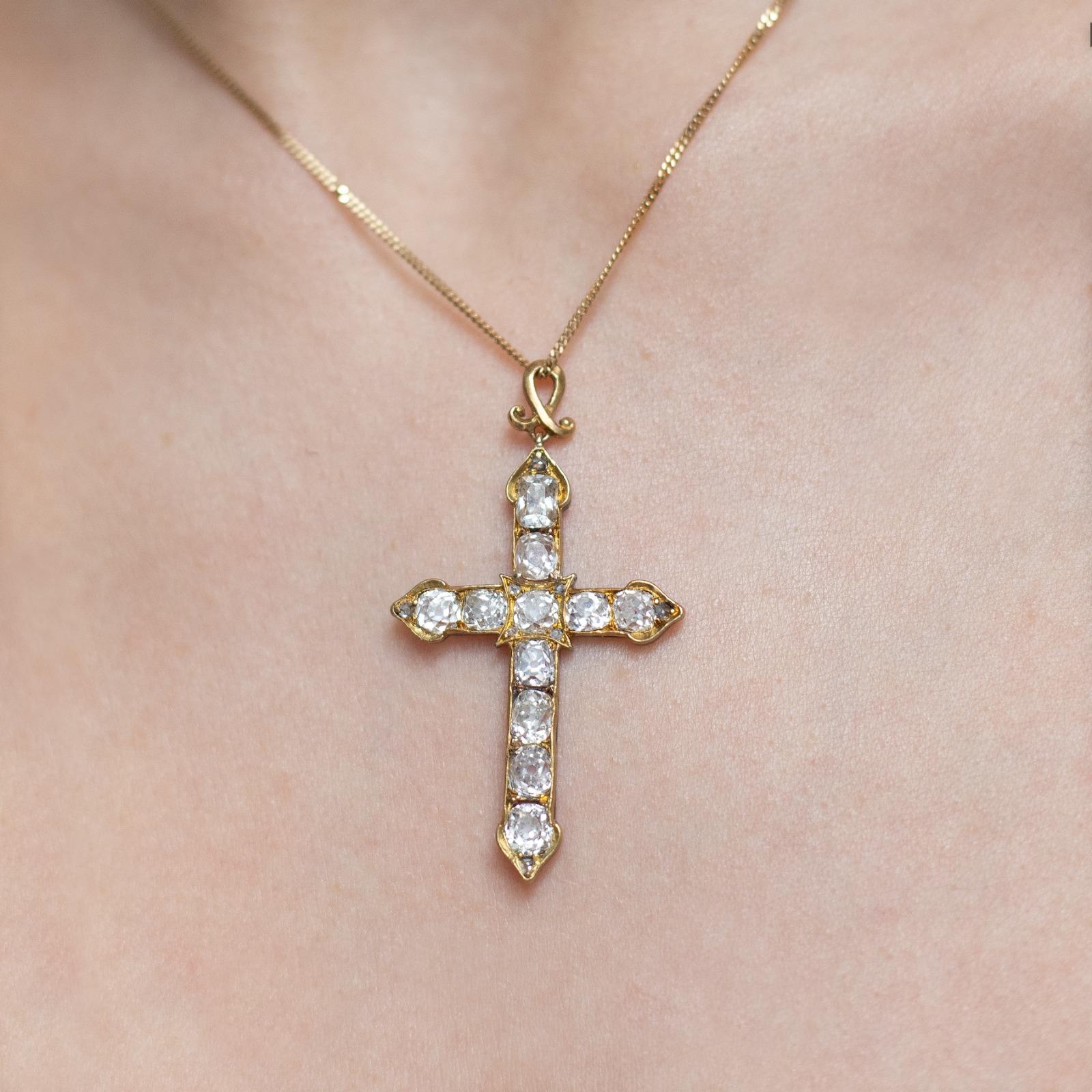 Old Mine Cut Vintage 18 Karat Yellow Gold and Silver Diamond Cross Pendant  For Sale