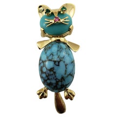 Vintage 18 Karat Yellow Gold and Turquoise Cat Pin/Brooch