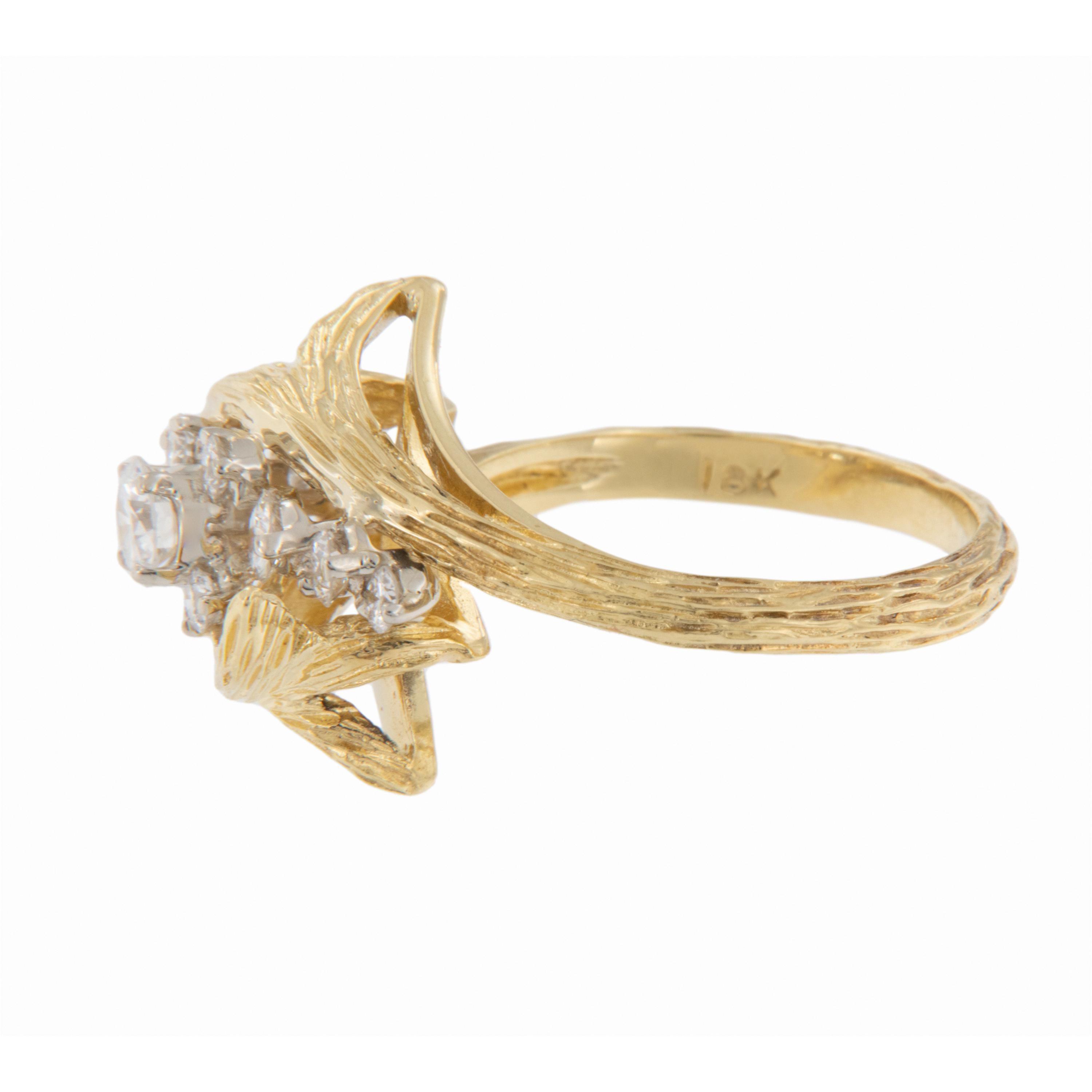 Round Cut Vintage 18 Karat Yellow Gold Bark Finish 0.75 Cttw. Diamond Cluster Ring For Sale