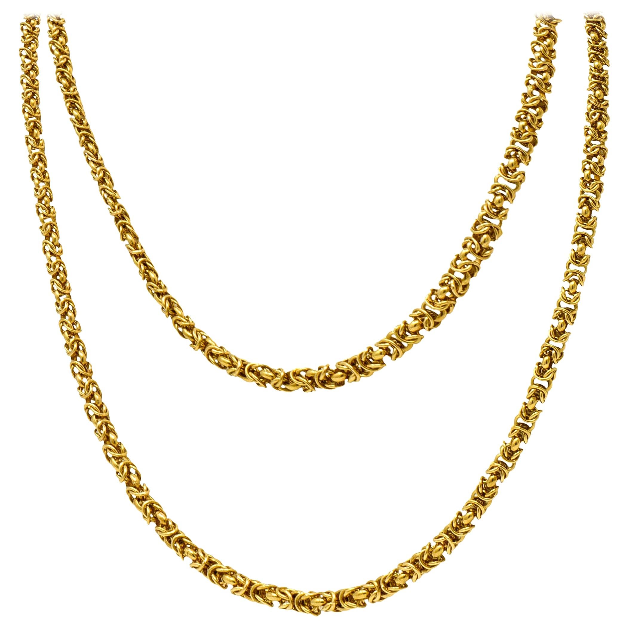 Vieux collier en or jaune 18 carats à longue chaîne byzantine