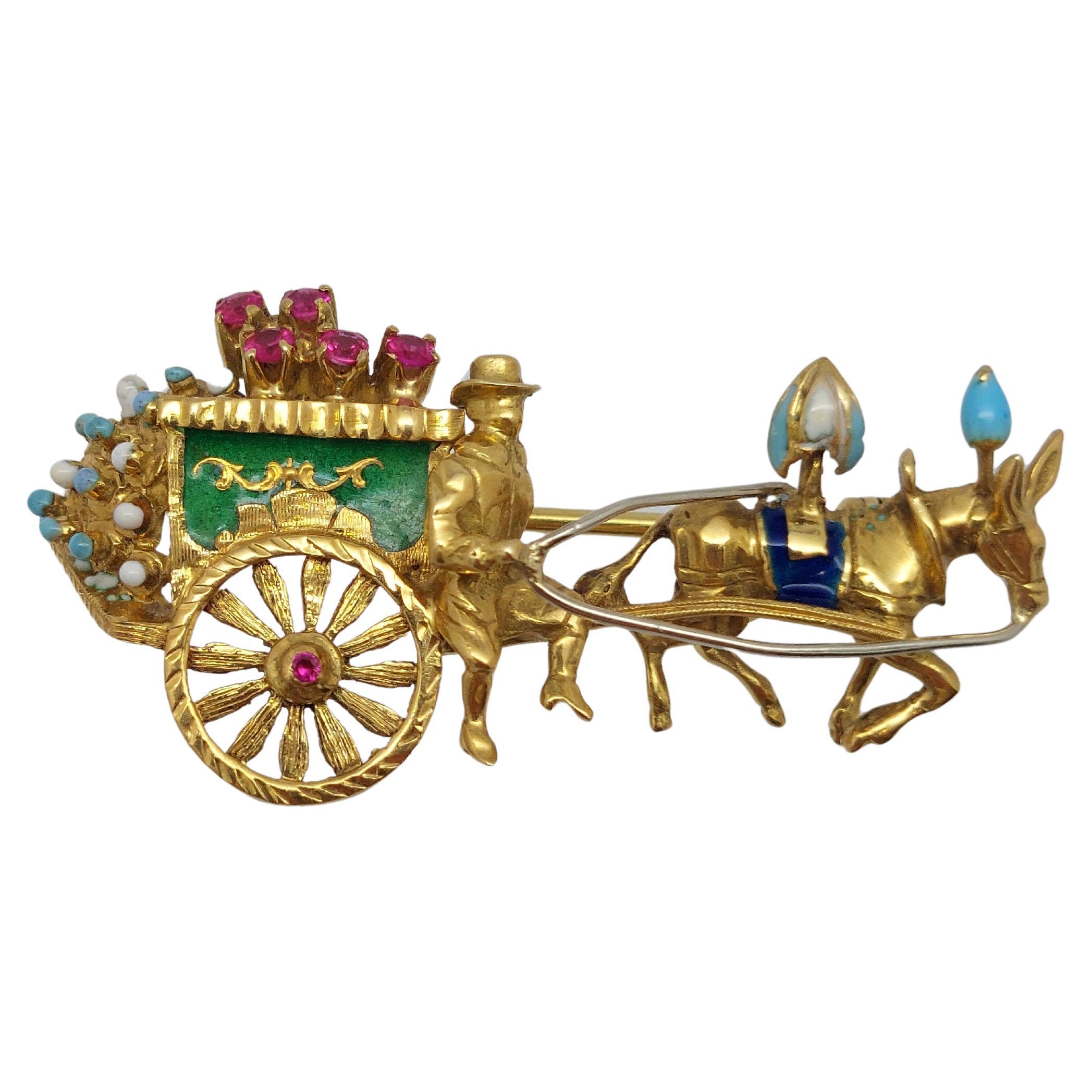 Alfiler vintage "Carruaje" de oro amarillo de 18 quilates-Italia