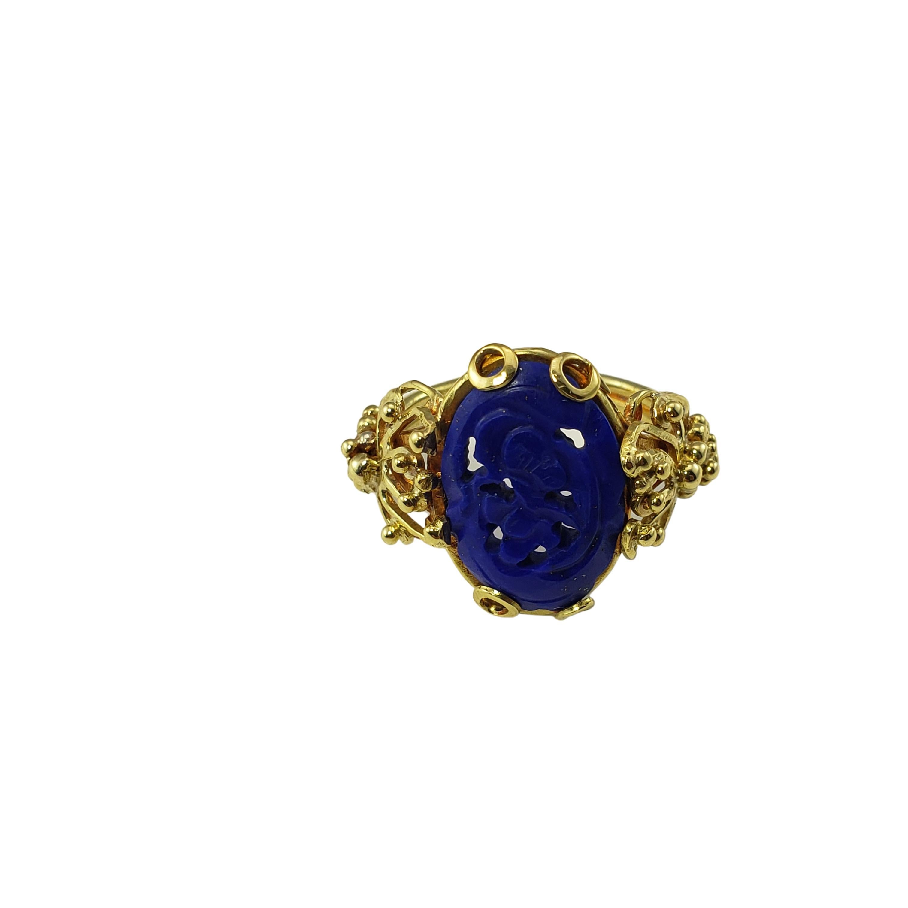 Vintage 18 Karat Gelbgold geschnitzt Lapis Lazuli Ring Größe 7-

Dieser schöne Ring besteht aus einem geschnitzten Lapislazuli-Stein (16 mm x 12 mm), der in wunderschön detailliertes 18-karätiges Gelbgold gefasst ist. Schaft: 2.5 mm.

Ringgröße: