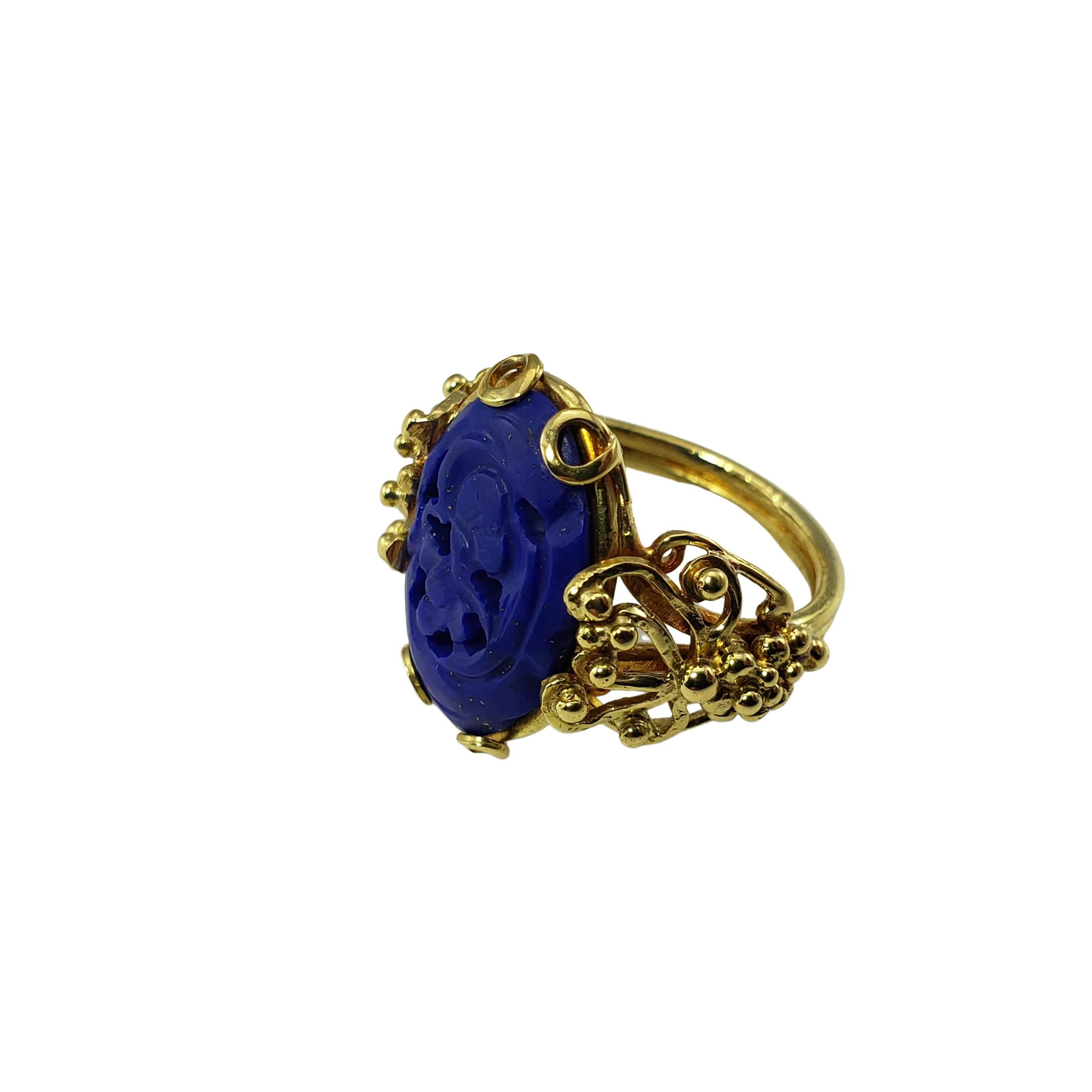 Women's 18 Karat Yellow Gold Carved Lapis Lazuli Ring For Sale