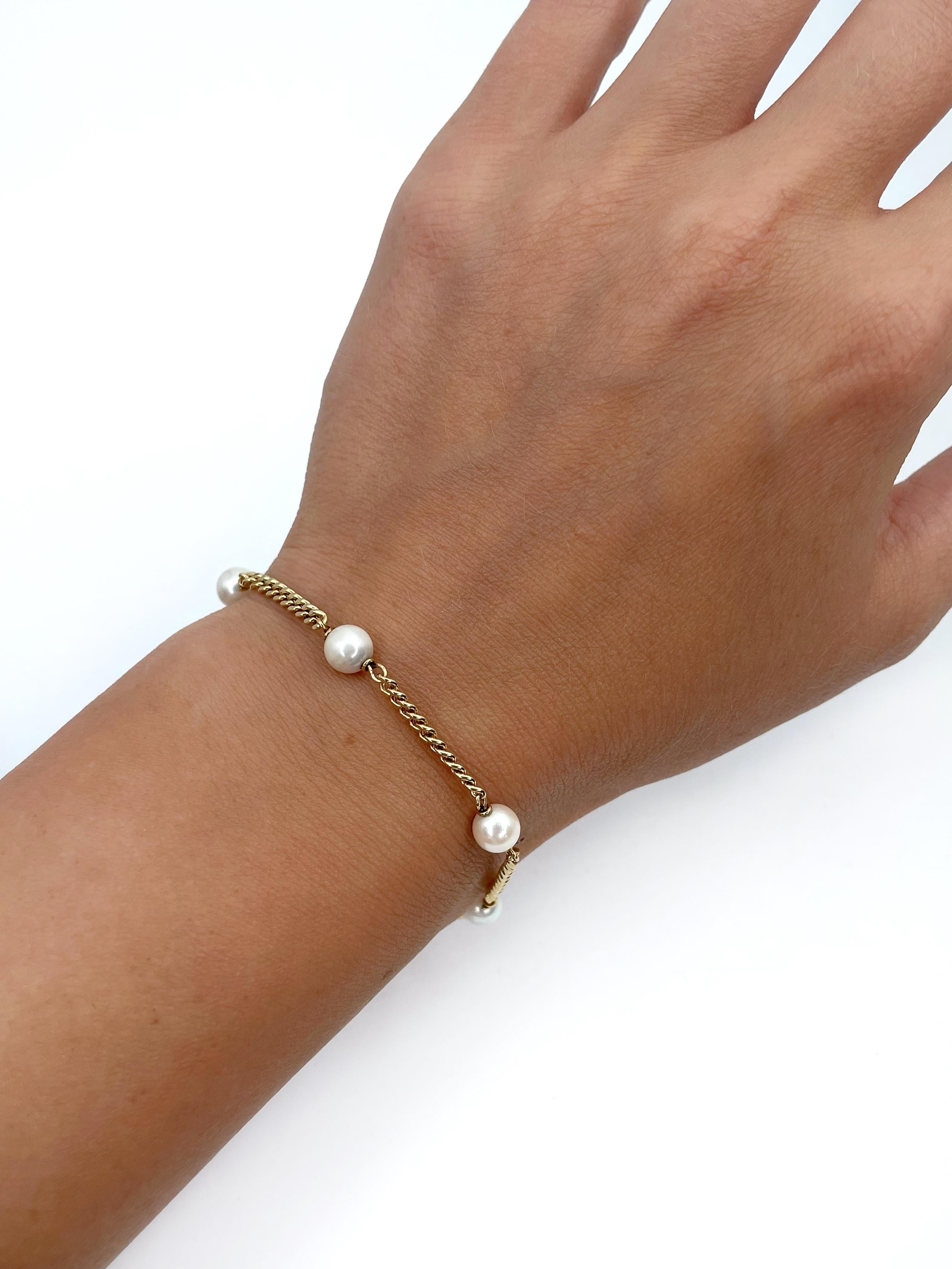 Vintage 18 Karat Yellow Gold Cultured Pearl Chain Bracelet In Good Condition In Vilnius, LT