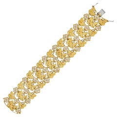 Vintage 18 Karat Yellow Gold Diamnd Floral Motif Three Row Wide Bracelet