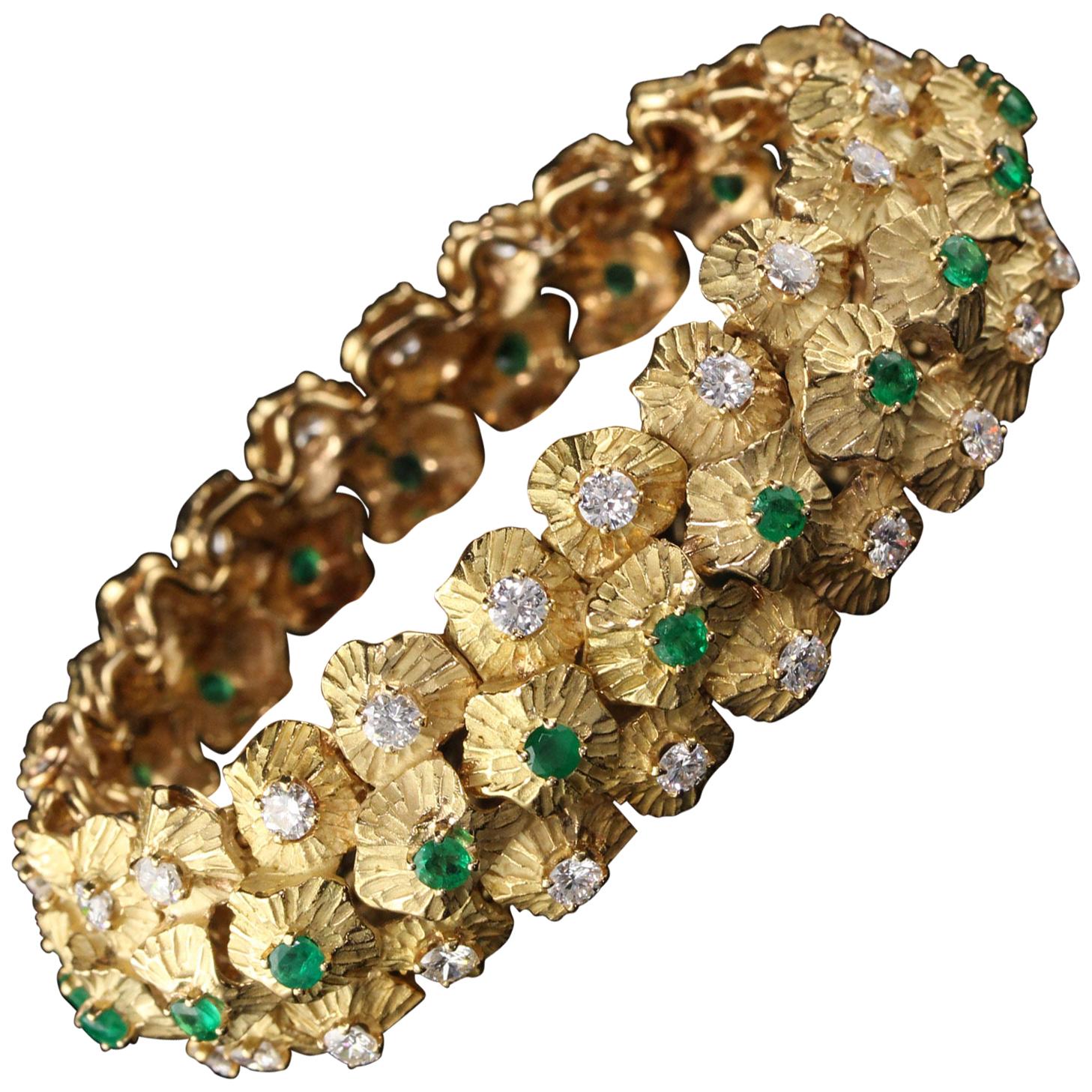 Vintage 18 Karat Yellow Gold Diamond and Emerald Bracelet
