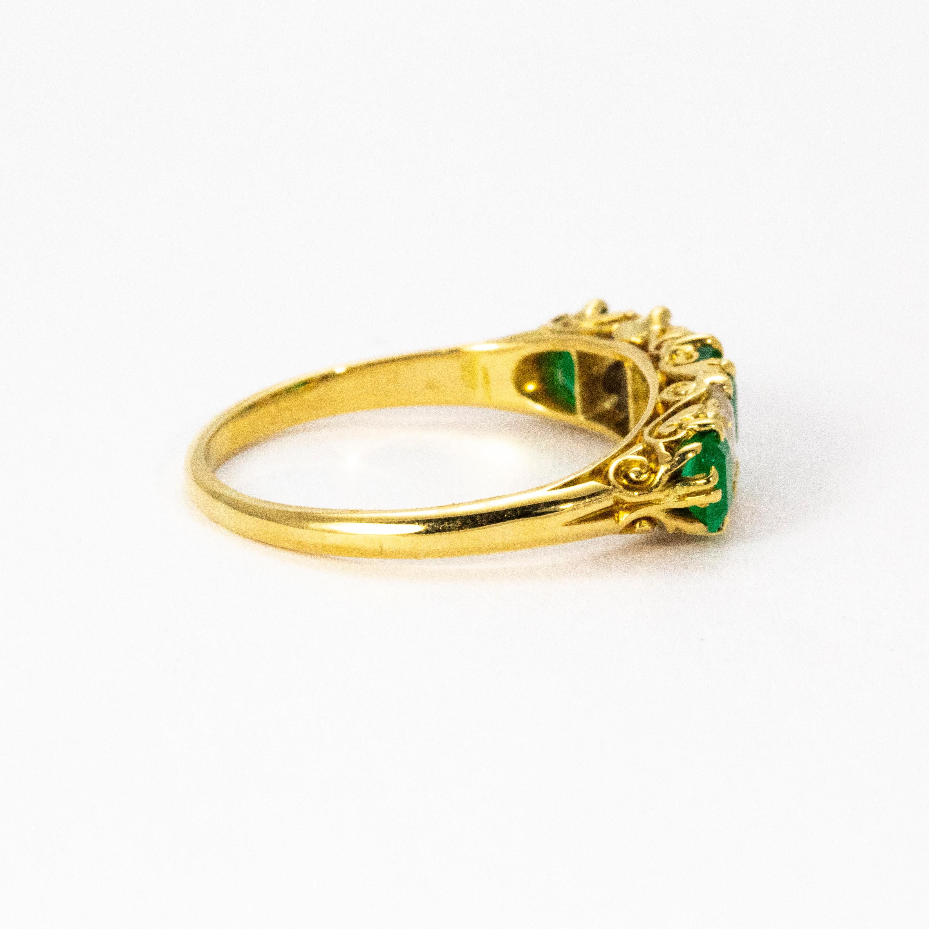 Late Victorian Vintage 18 Karat Yellow Gold Diamond and Emerald Five-Stone Ring
