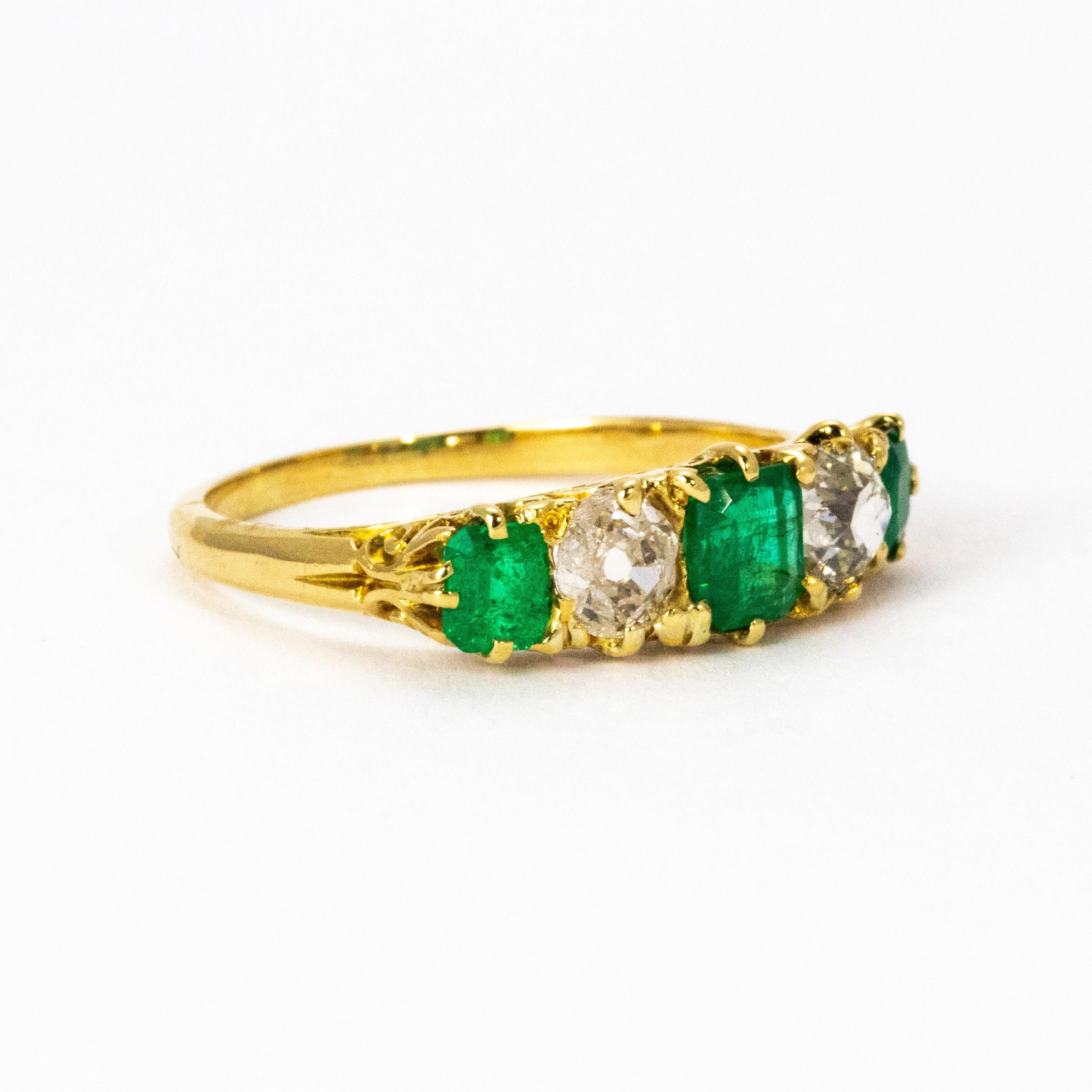 Old European Cut Vintage 18 Karat Yellow Gold Diamond and Emerald Five-Stone Ring