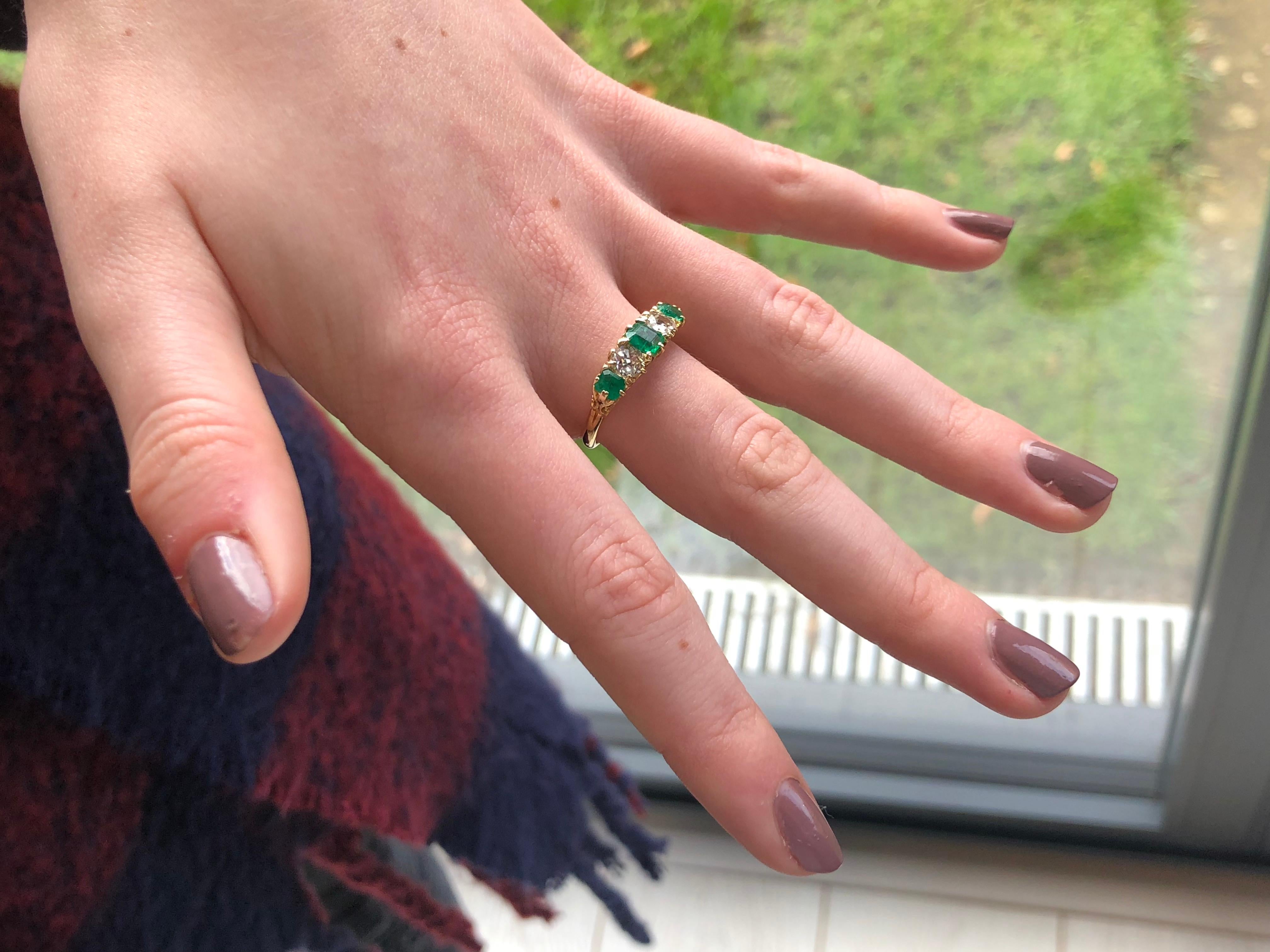 Vintage 18 Karat Yellow Gold Diamond and Emerald Five-Stone Ring In Excellent Condition In Chipping Campden, GB