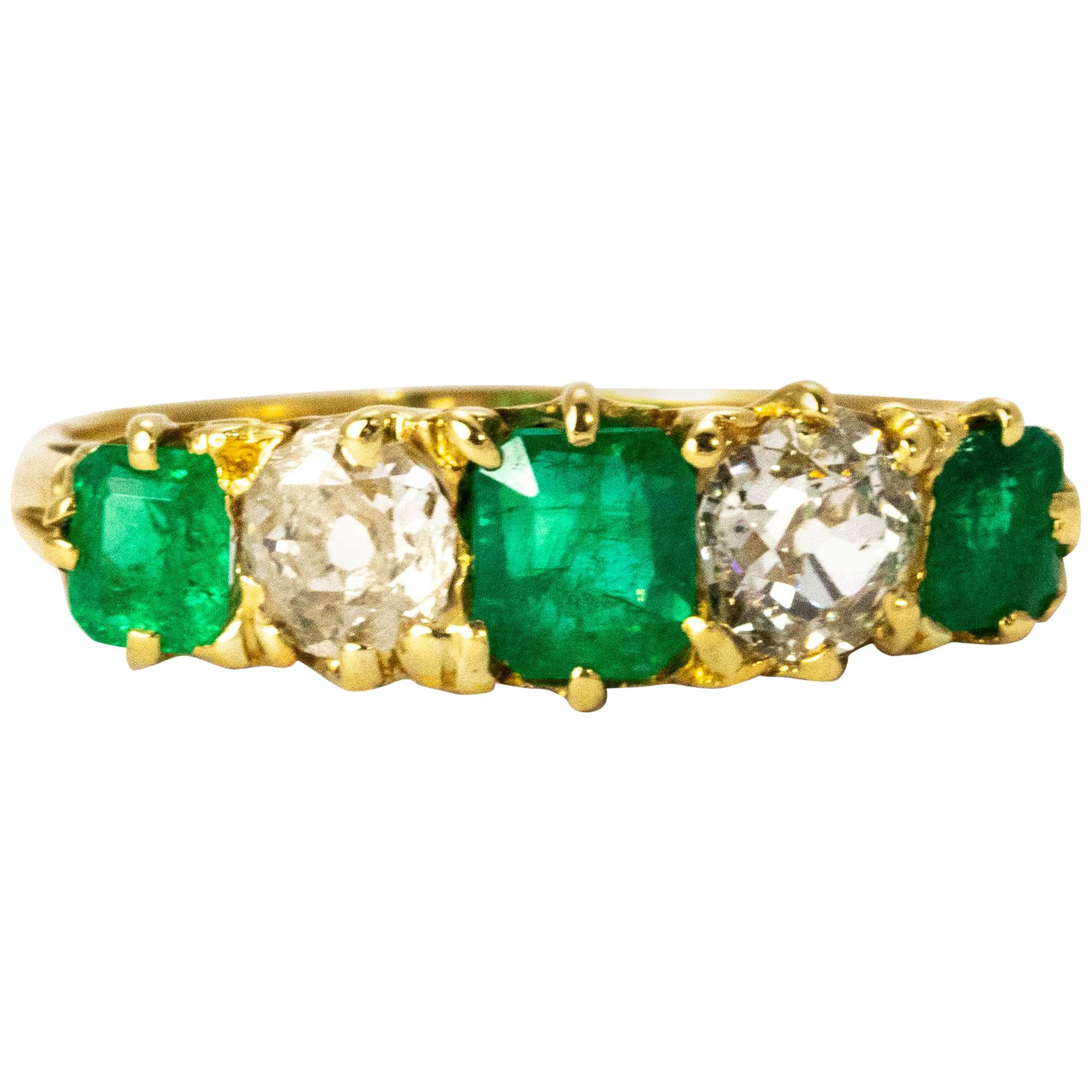 Vintage 18 Karat Yellow Gold Diamond and Emerald Five-Stone Ring