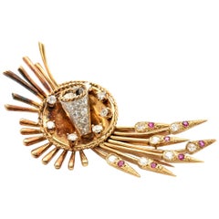 Vintage 18 Karat Yellow Gold Diamond and Ruby Spray Pin 0.63 Carat, 12 Grams