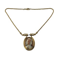 18 Karat Yellow Gold Diamond and Sapphire Hand Painted Cameo Necklace