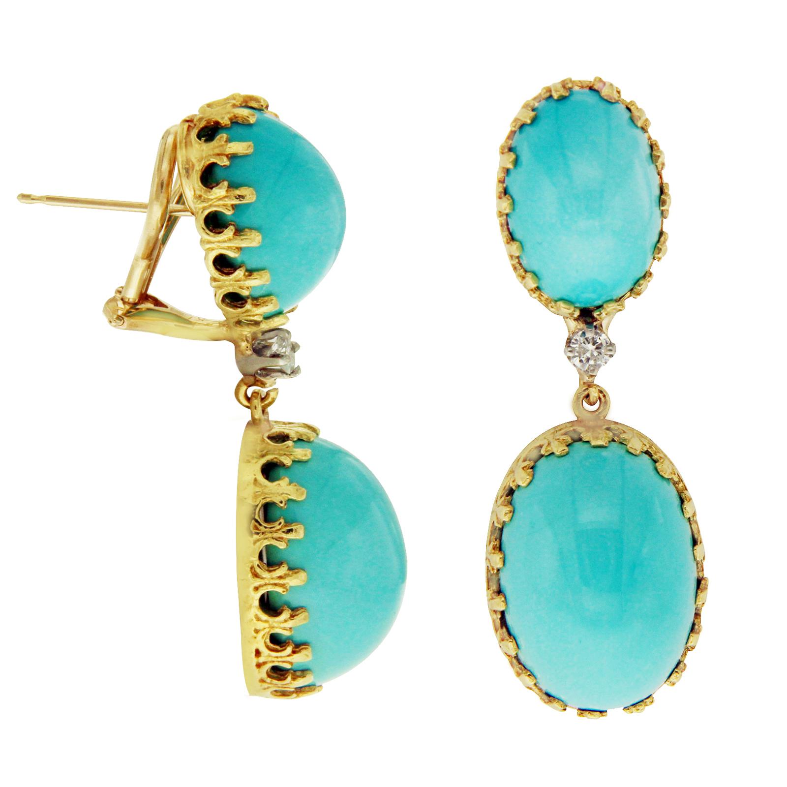 Type: Earrings
Height: 40 mm
Width: 15 mm
Metal: Yellow Gold
Metal Purity: 18K
Hallmarks: Cellino 750
Total Weight: 19.2 Gram
Stone Type: Diamonds & Turquoise 
Condition: Pre-Owned 
Stock Number: U517