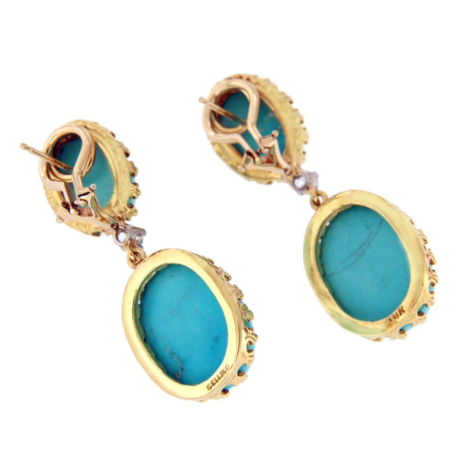 Women's Vintage 18 Karat Yellow Gold Diamond Blue Turquoise Earrings