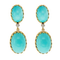 Vintage 18 Karat Yellow Gold Diamond Blue Turquoise Earrings