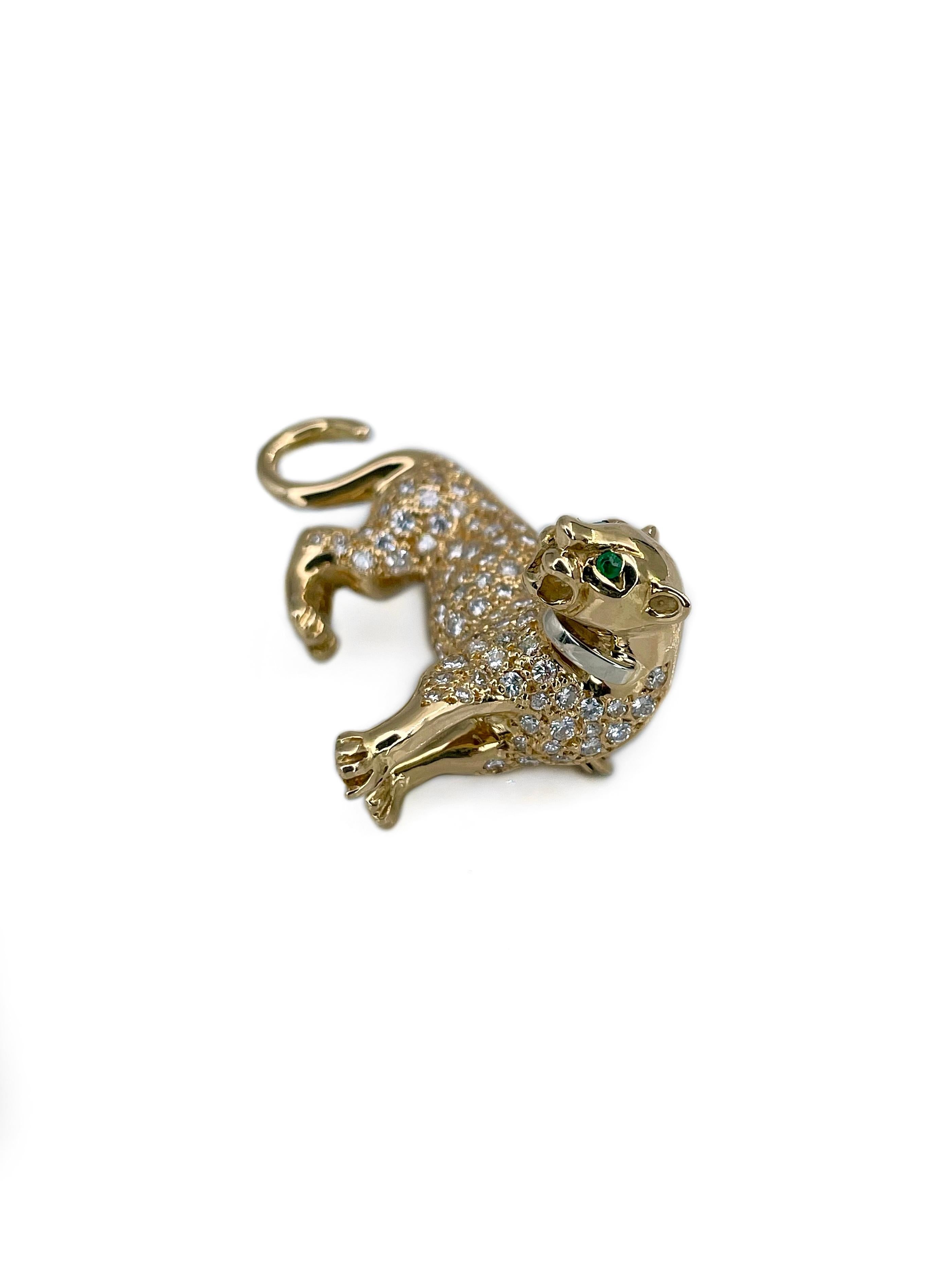 Modern Vintage 18 Karat Yellow Gold 1.60 Carat Diamond Emerald Panther Pin Brooch For Sale