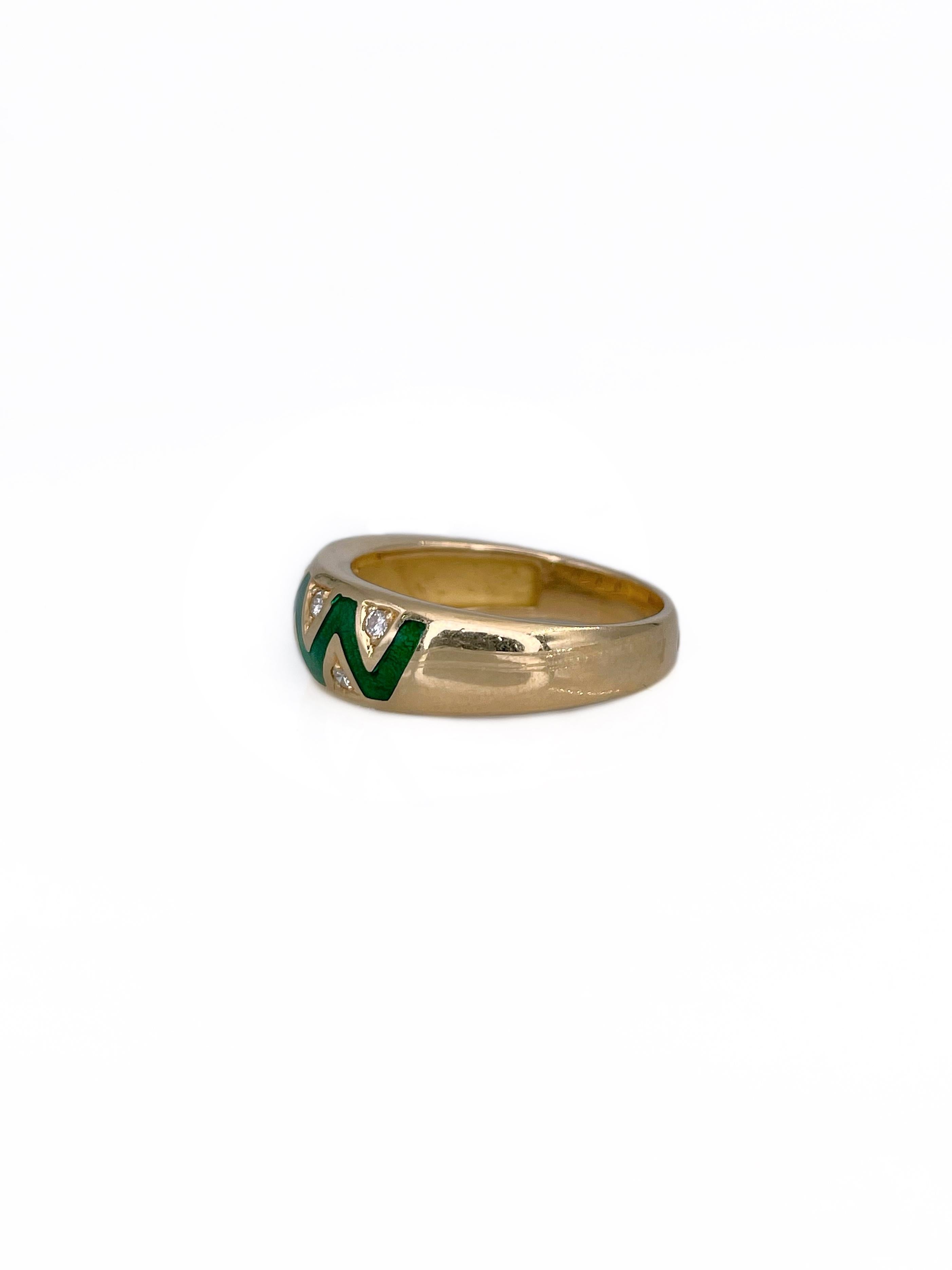 Modern Vintage 18 Karat Yellow Gold 0.12 Carat Diamond Green Enamel Band Ring For Sale