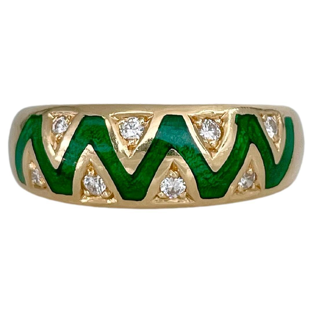 Vintage 18 Karat Yellow Gold Diamond Green Enamel Band Ring