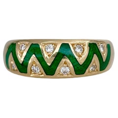 Retro 18 Karat Yellow Gold 0.12 Carat Diamond Green Enamel Band Ring