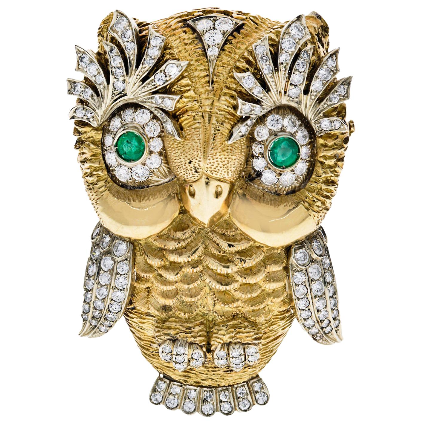 Vintage 18 Karat Yellow Gold Diamond Owl Brooch