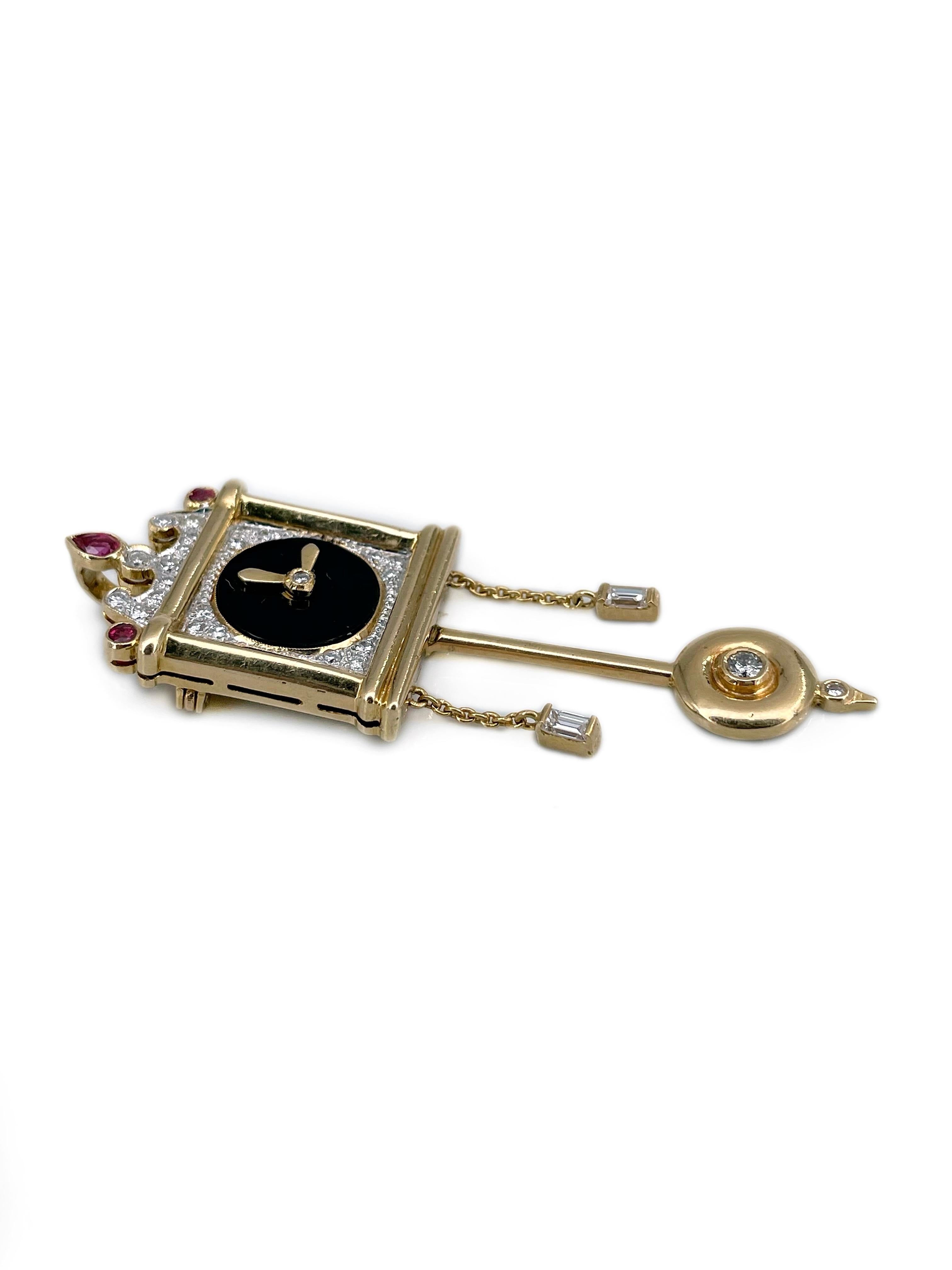 This is a vintage wall clock shape pendant-brooch crafted in 18K yellow gold. Circa 1960. 

The piece features: 
- 25 diamonds (round brilliant cut, TW 0.28ct, RW+/STW, VS-SI)
- 2 diamonds (rectangular step cut, TW 0.10ct, RW+/RW, VS-SI)
- 3 rubies