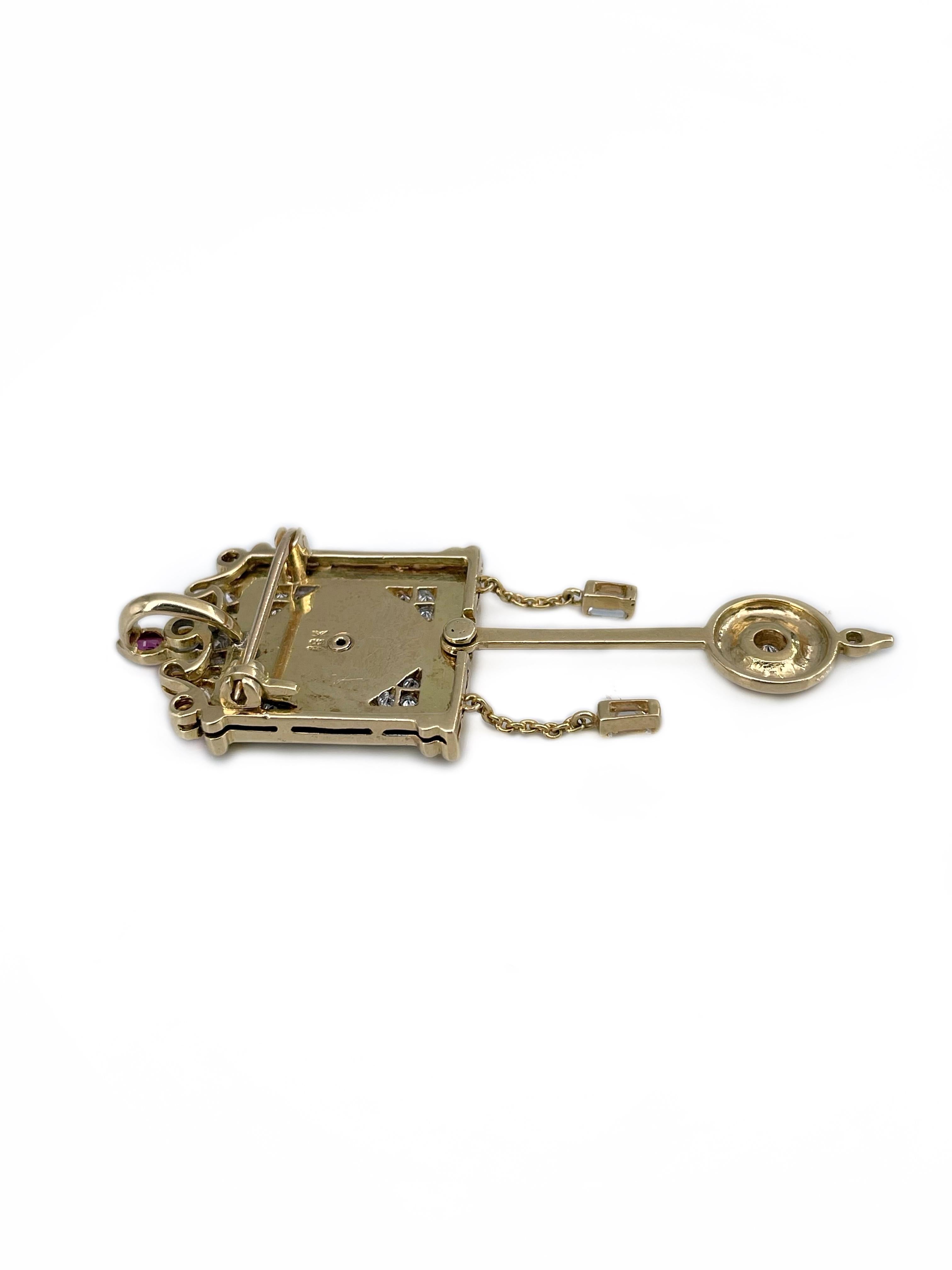 Modern Vintage 18 Karat Gold 0.38ct Diamond 0.16ct Ruby Onyx Wall Clock Pendant Brooch For Sale