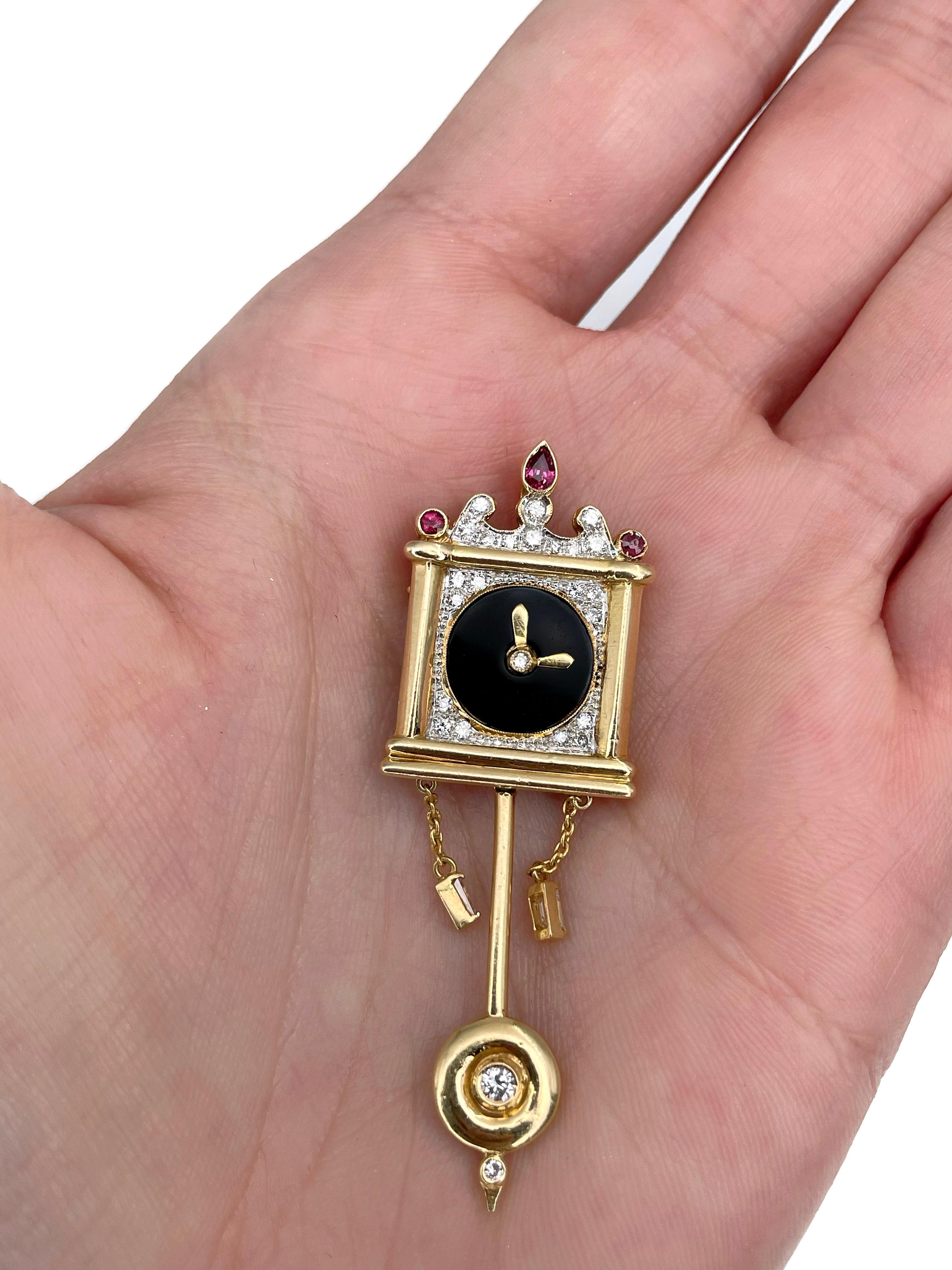 Vintage 18 Karat Gold 0.38ct Diamond 0.16ct Ruby Onyx Wall Clock Pendant Brooch In Good Condition For Sale In Vilnius, LT