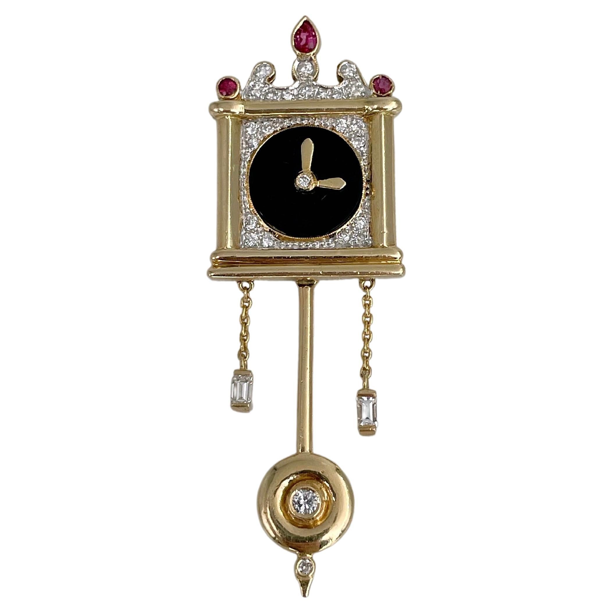 Vintage 18 Karat Gold 0.38ct Diamond 0.16ct Ruby Onyx Wall Clock Pendant Brooch For Sale