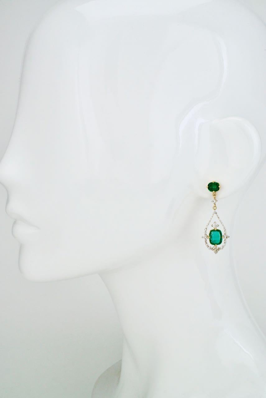 Cushion Cut Vintage 18 Karat Yellow Gold Emerald and Diamond Drop Earrings