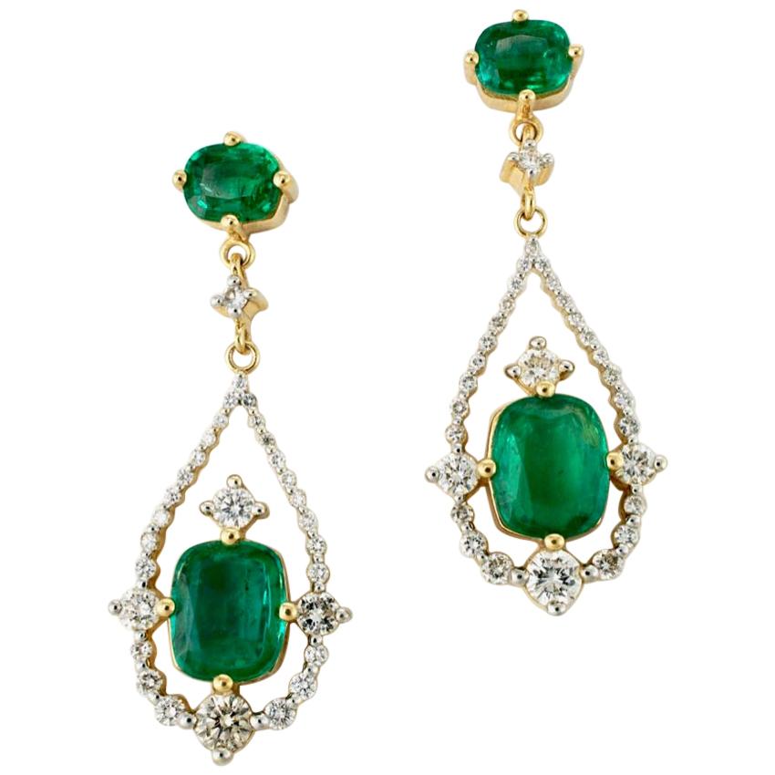Vintage 18 Karat Yellow Gold Emerald and Diamond Drop Earrings