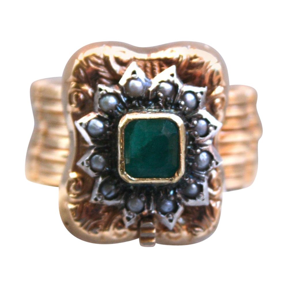 Vintage 18 Karat Yellow Gold Emerald and Pearl Ring/ Bracelet For Sale